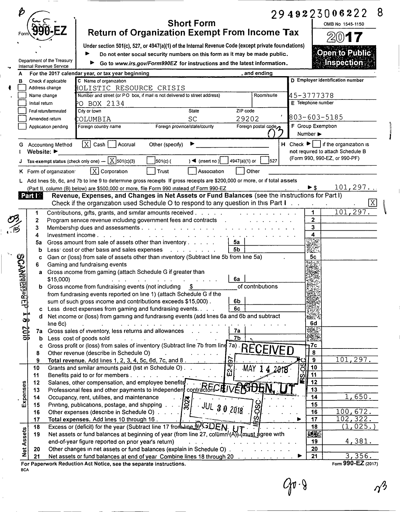 Image of first page of 2017 Form 990EZ for Holistic Resource Crisis Intervention Outreach Service