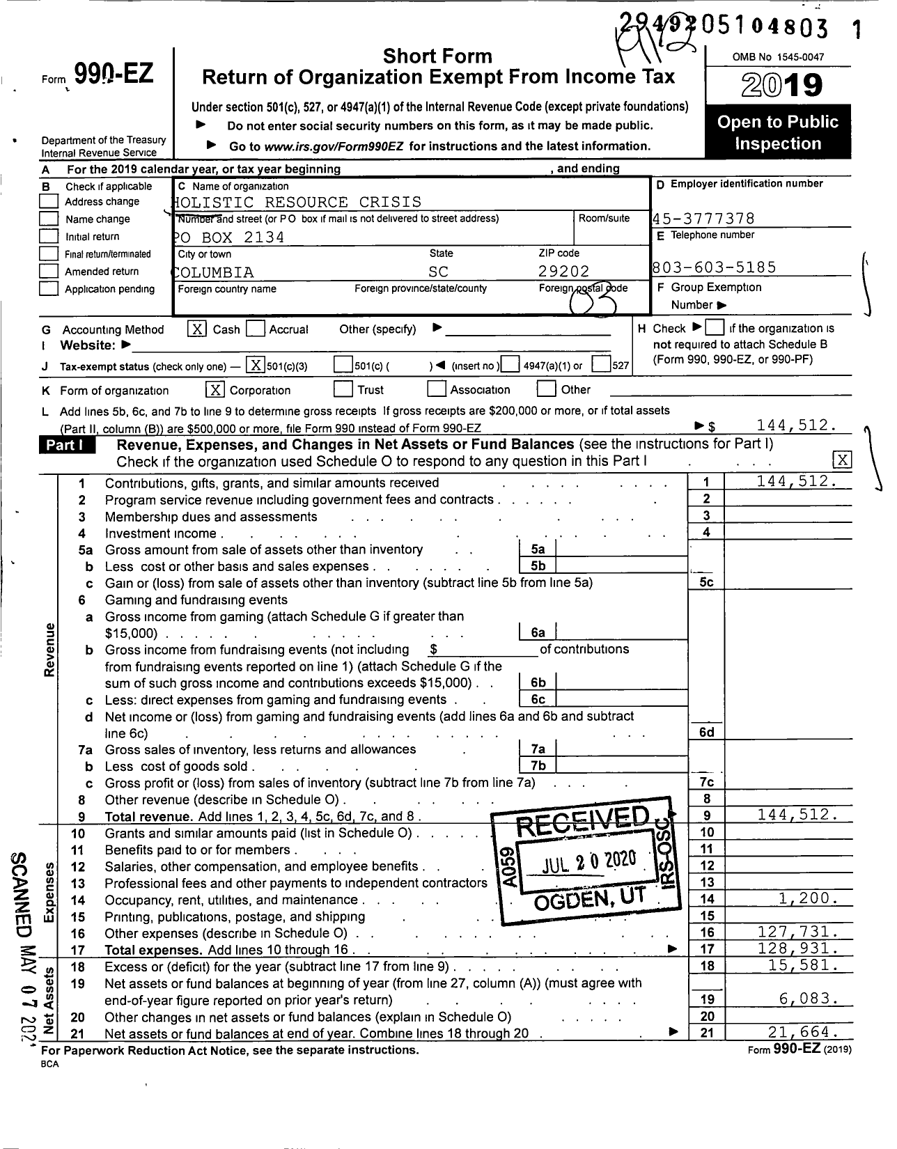 Image of first page of 2019 Form 990EZ for Holistic Resource Crisis Intervention Outreach Service