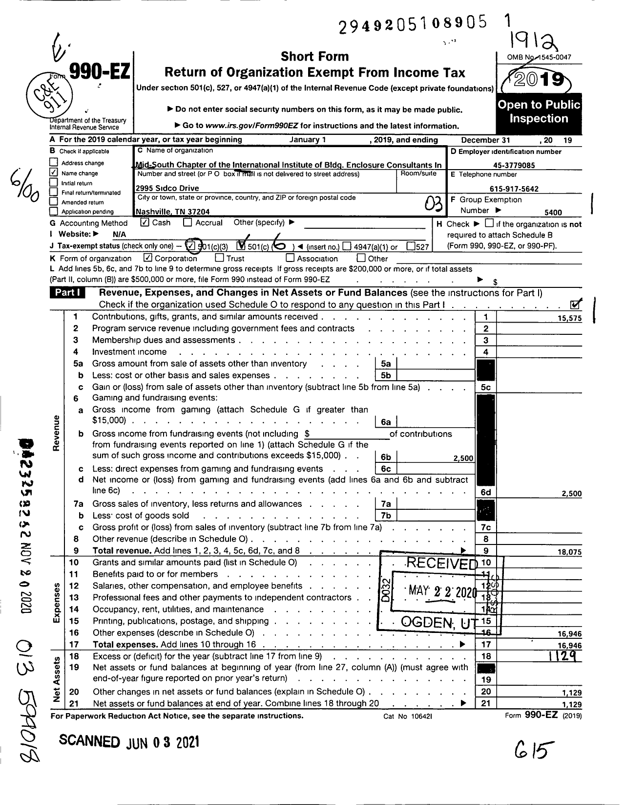 Image of first page of 2019 Form 990EO for International Institute of Building Enclosure Consultants / Midsouth Chapter Inc