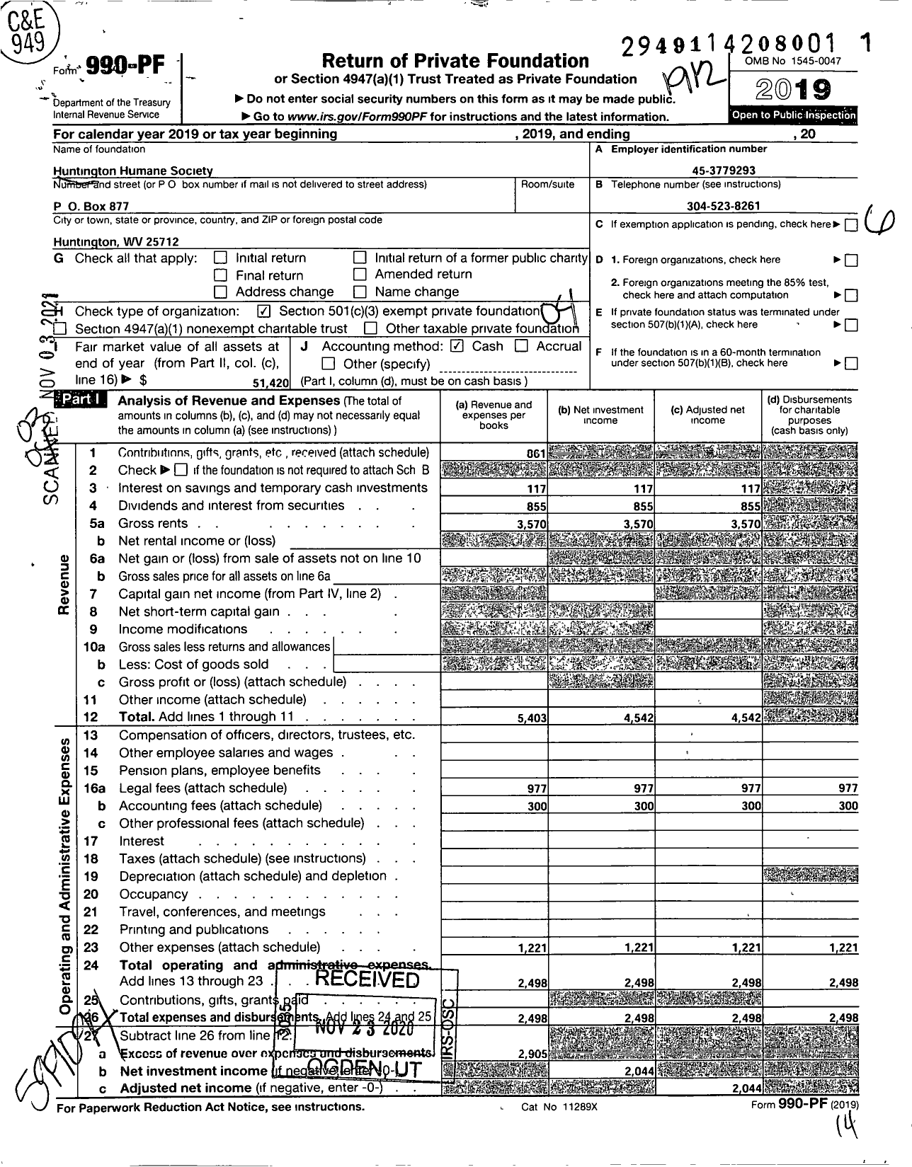 Image of first page of 2019 Form 990PF for Huntington Humane Society