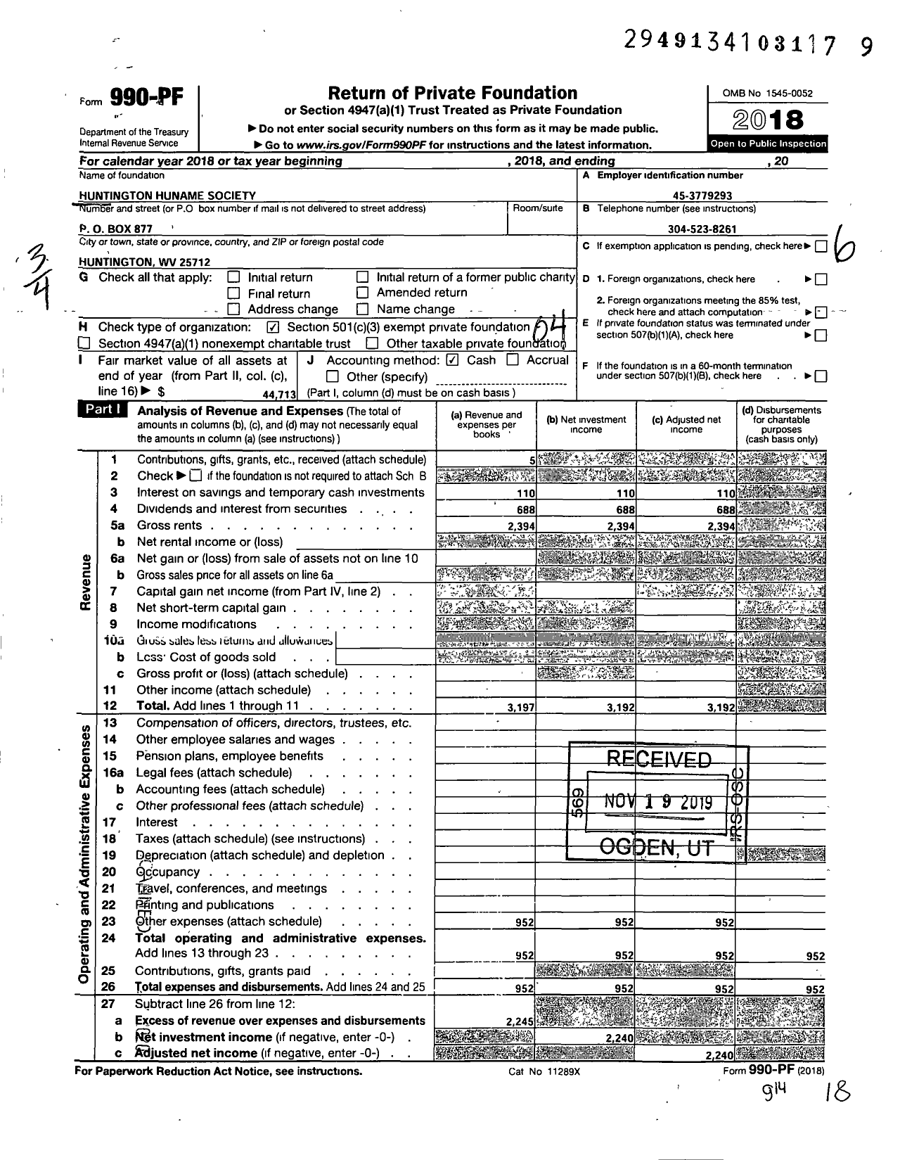 Image of first page of 2018 Form 990PF for Huntington Humane Society