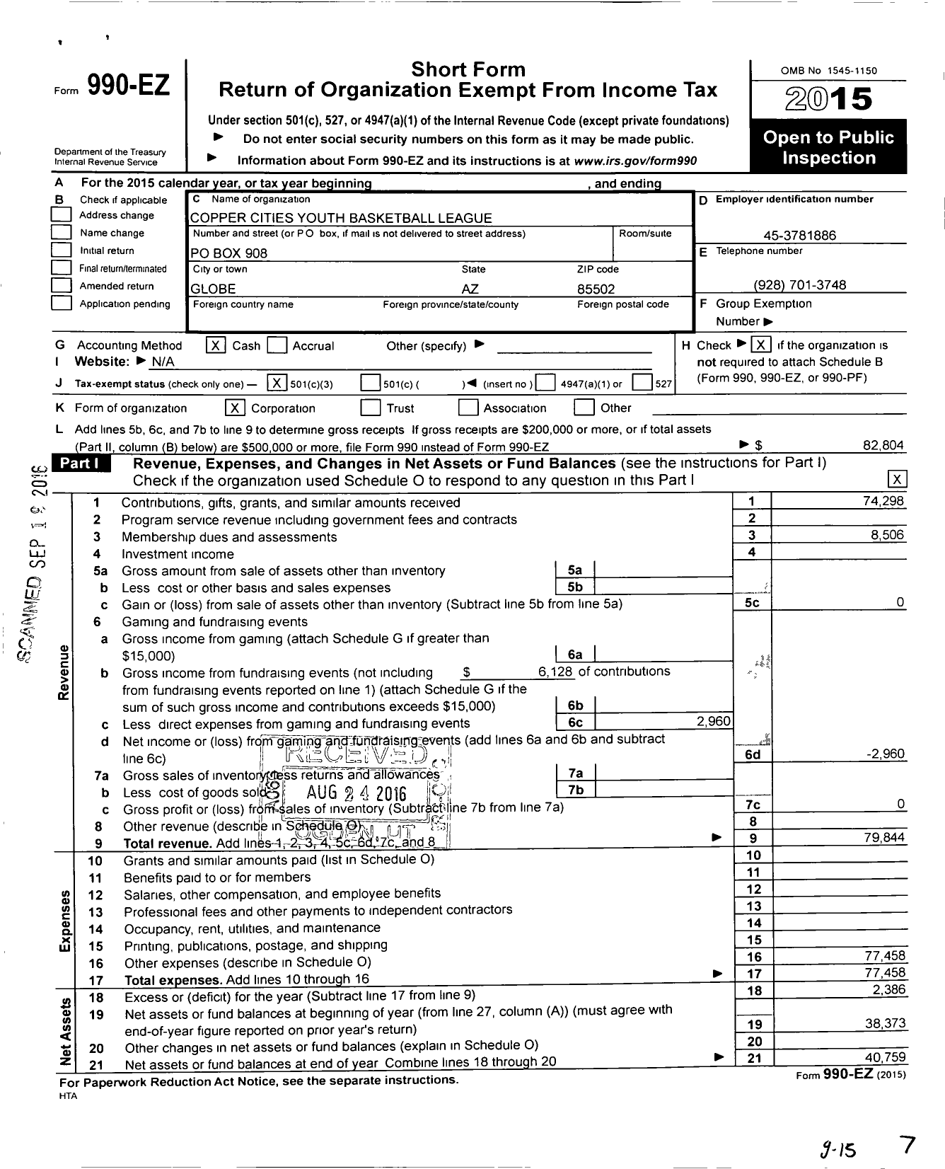 Image of first page of 2015 Form 990EZ for Copper Cities Youth Basketball League (CCYBL)