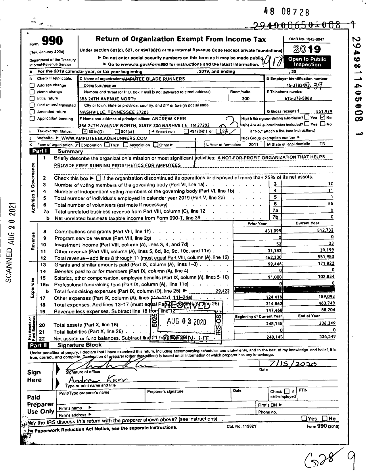 Image of first page of 2019 Form 990 for Amputee Blade Runners