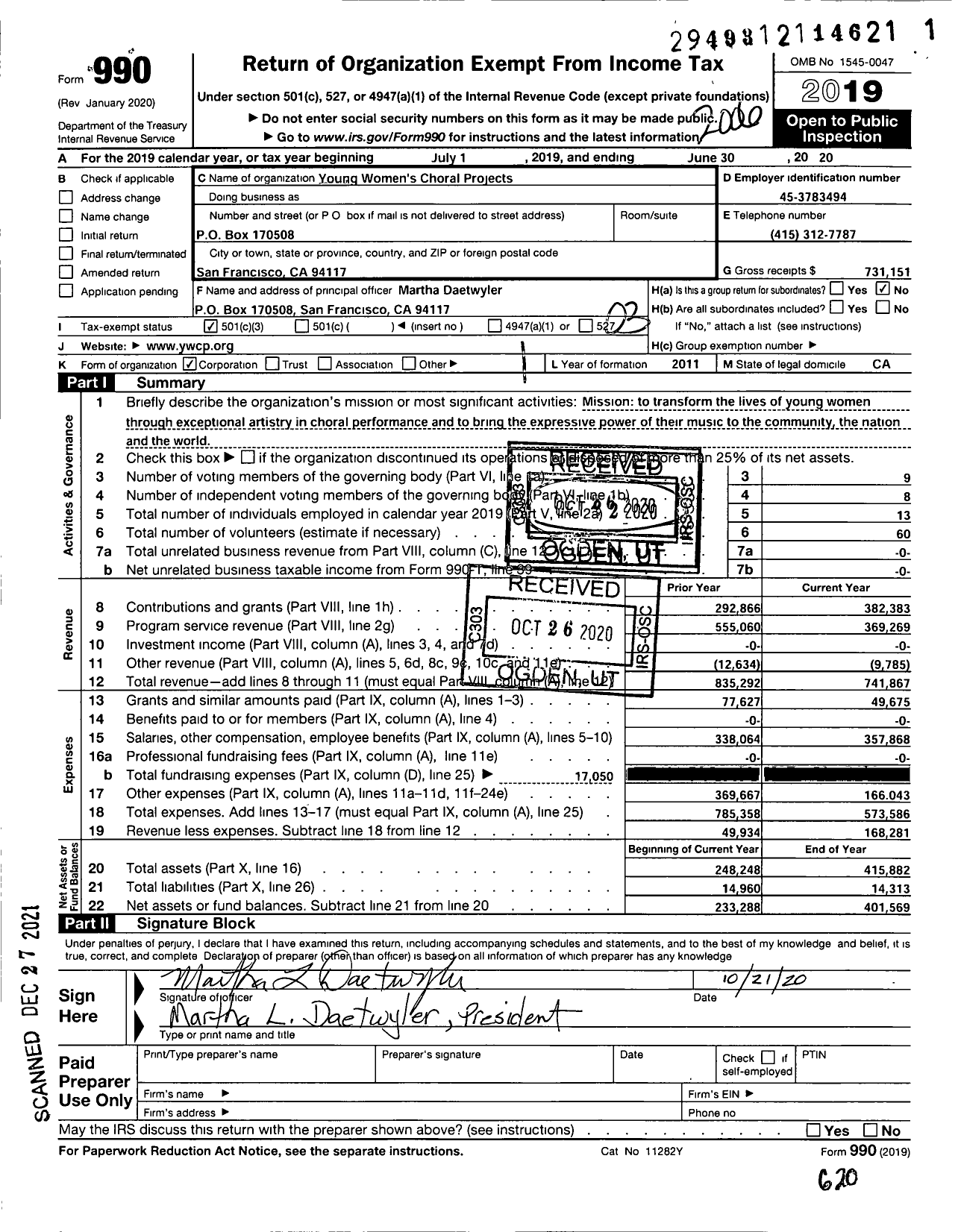 Image of first page of 2019 Form 990 for Young Womens Choral Projects