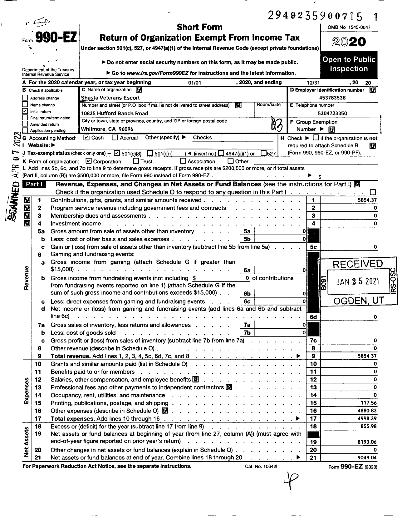 Image of first page of 2020 Form 990EZ for Shasta Veterans Escort