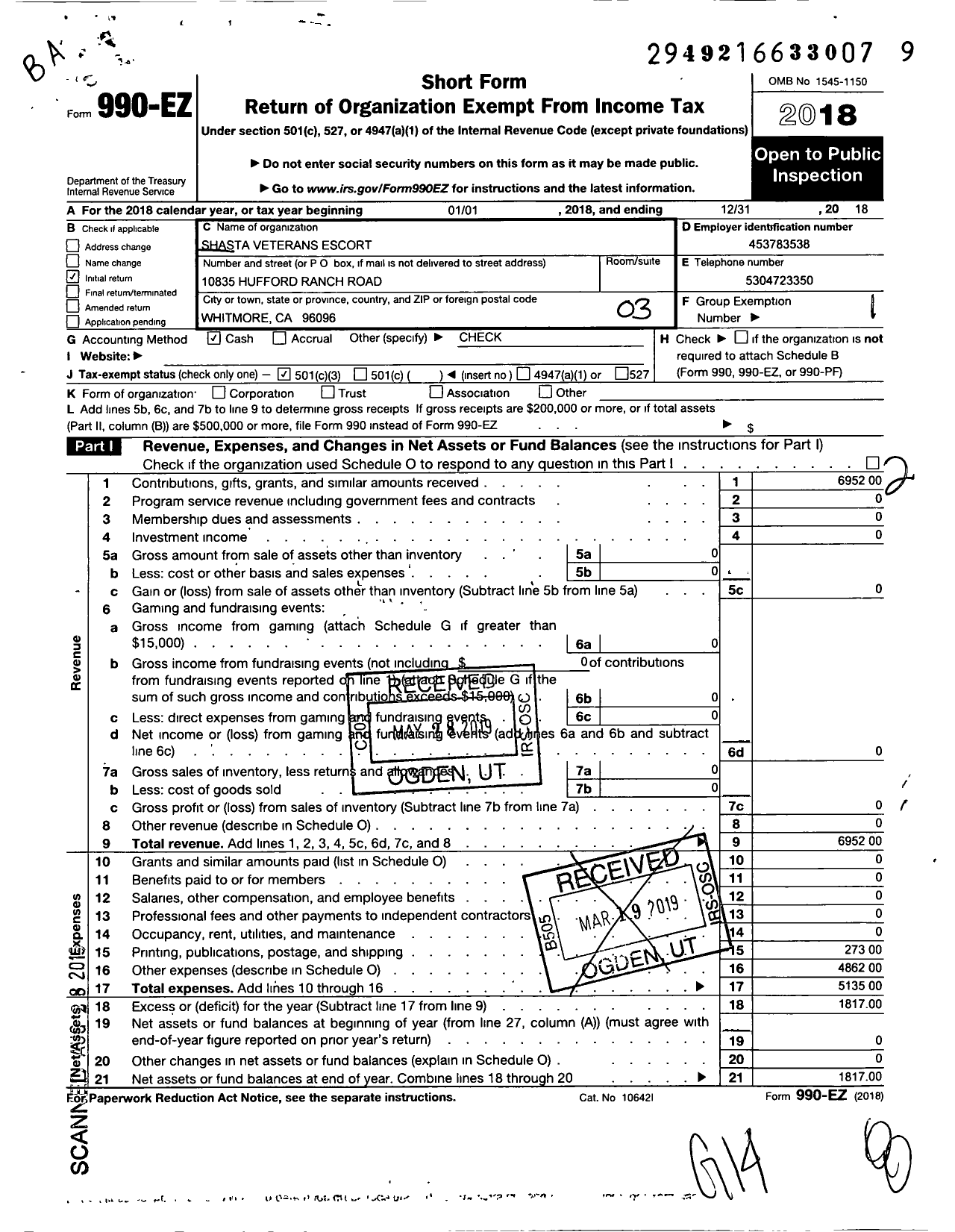 Image of first page of 2018 Form 990EZ for Shasta Veterans Escort