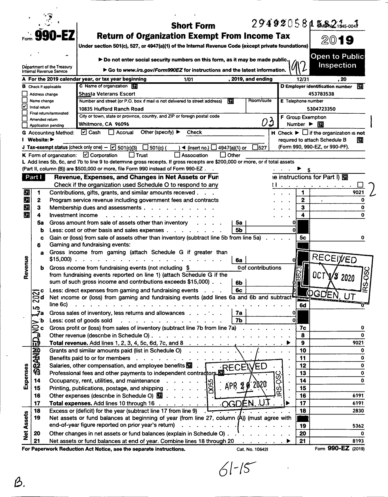 Image of first page of 2019 Form 990EZ for Shasta Veterans Escort
