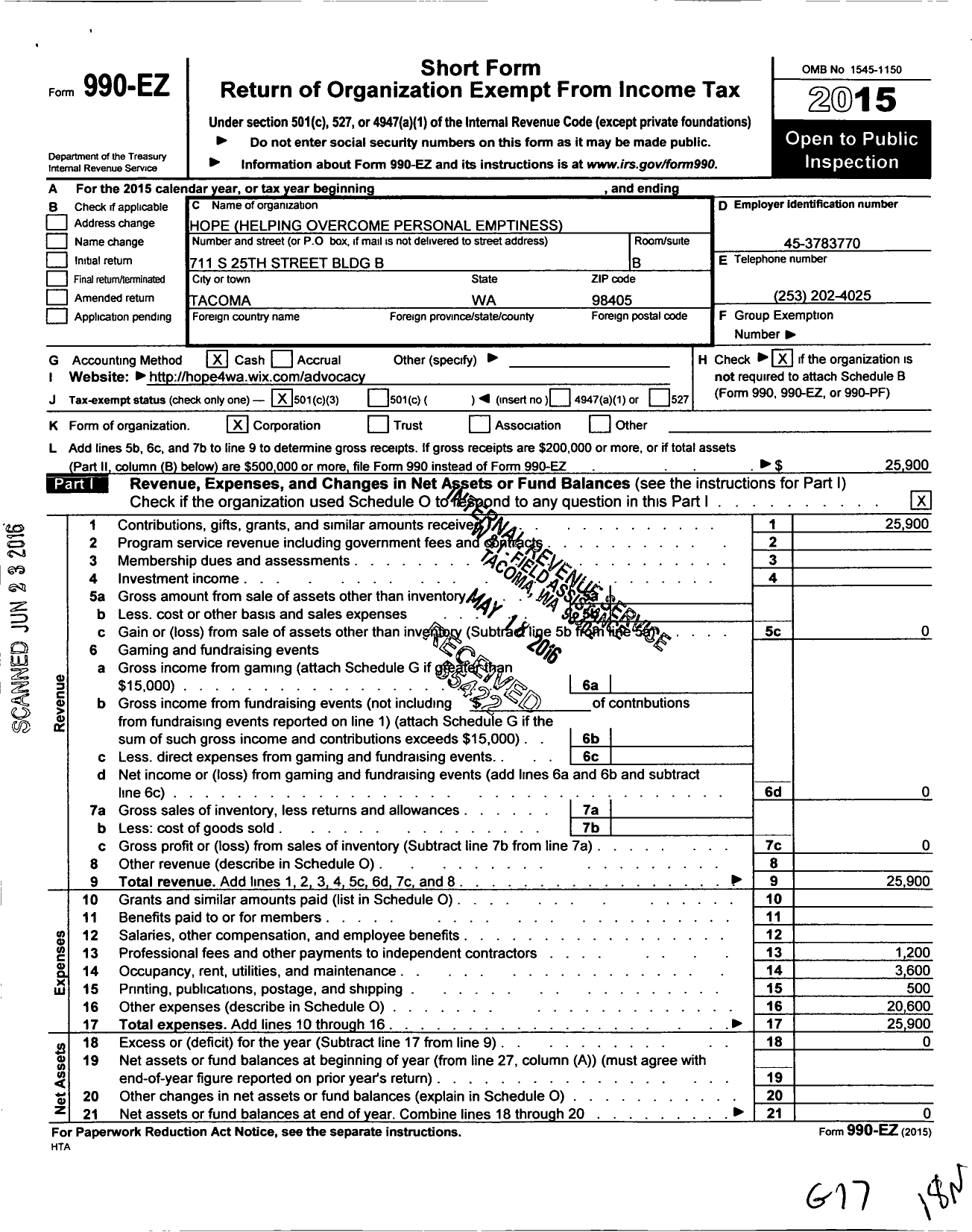 Image of first page of 2015 Form 990EZ for Hope