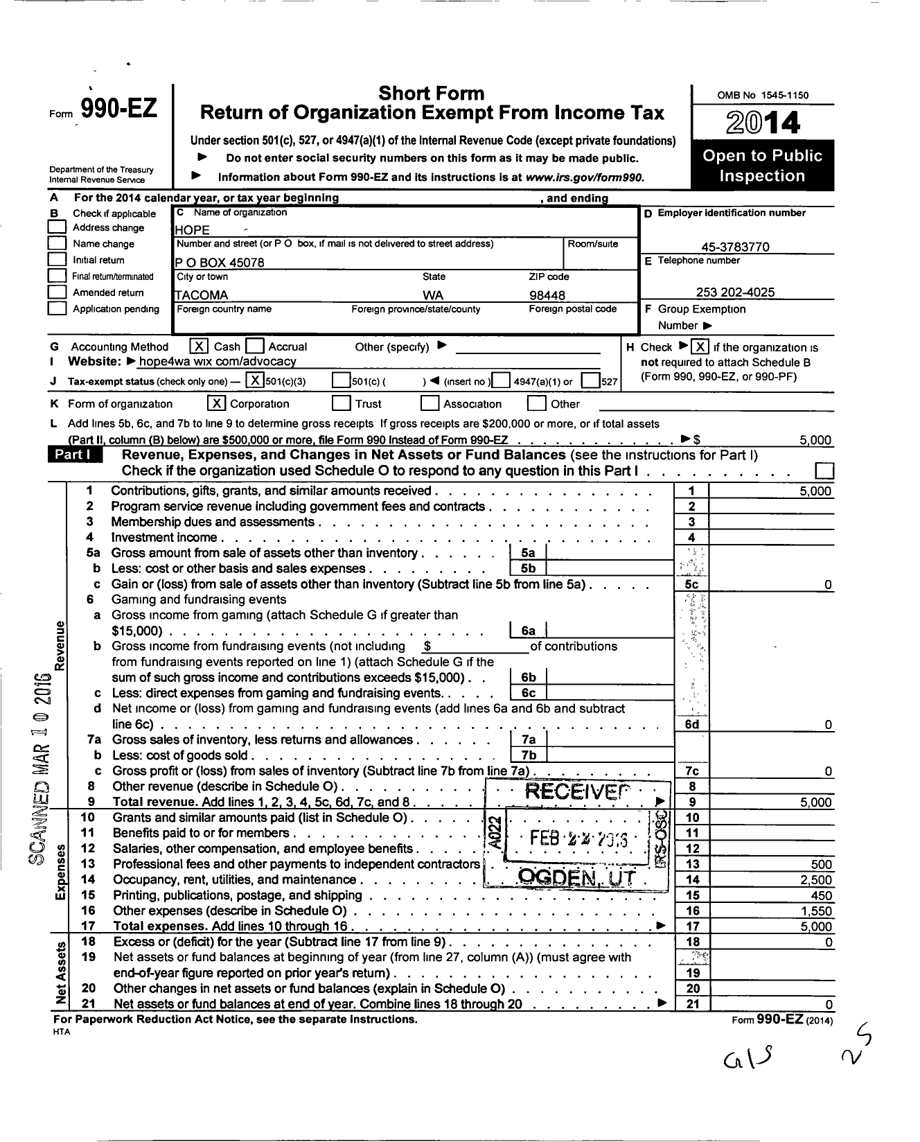 Image of first page of 2014 Form 990EZ for Hope