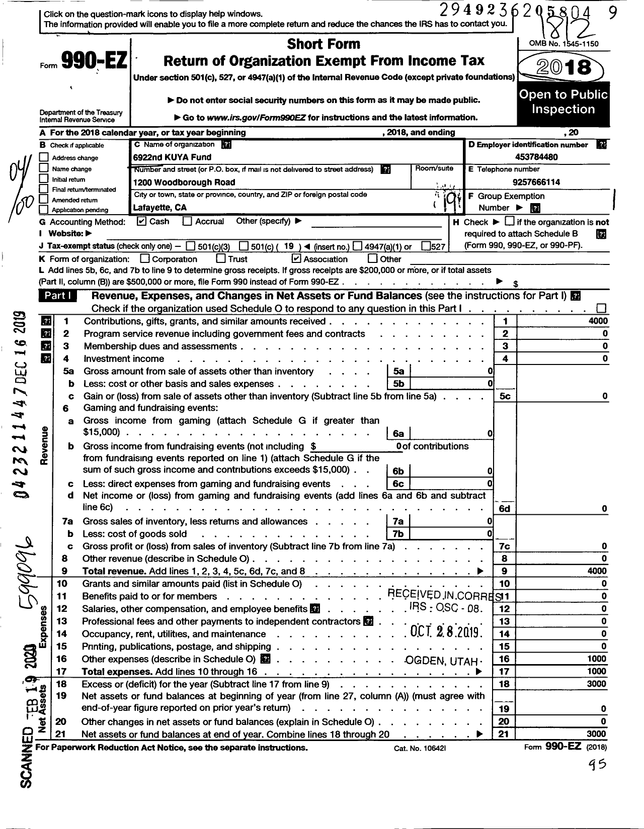 Image of first page of 2018 Form 990EO for 6922nd Kuya Fund