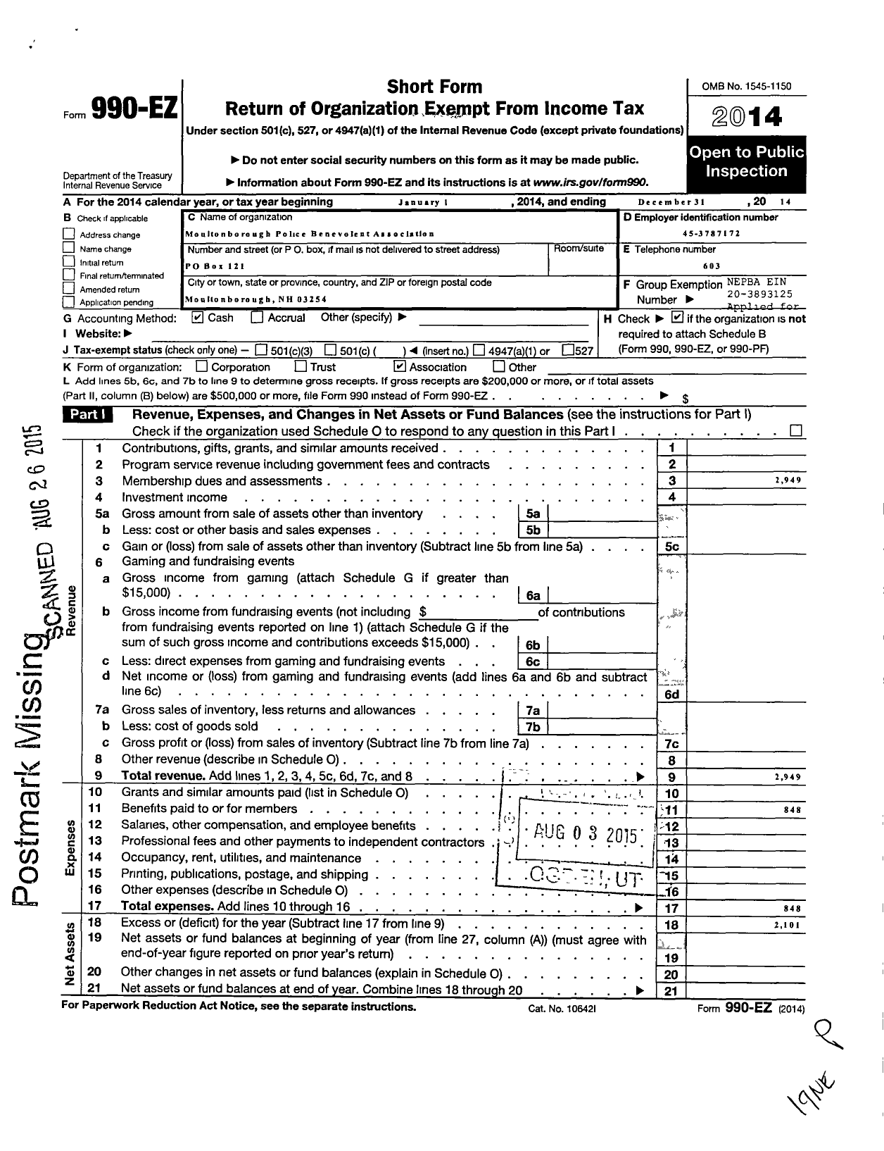 Image of first page of 2014 Form 990EO for Moultonborough Police Benevolent Association