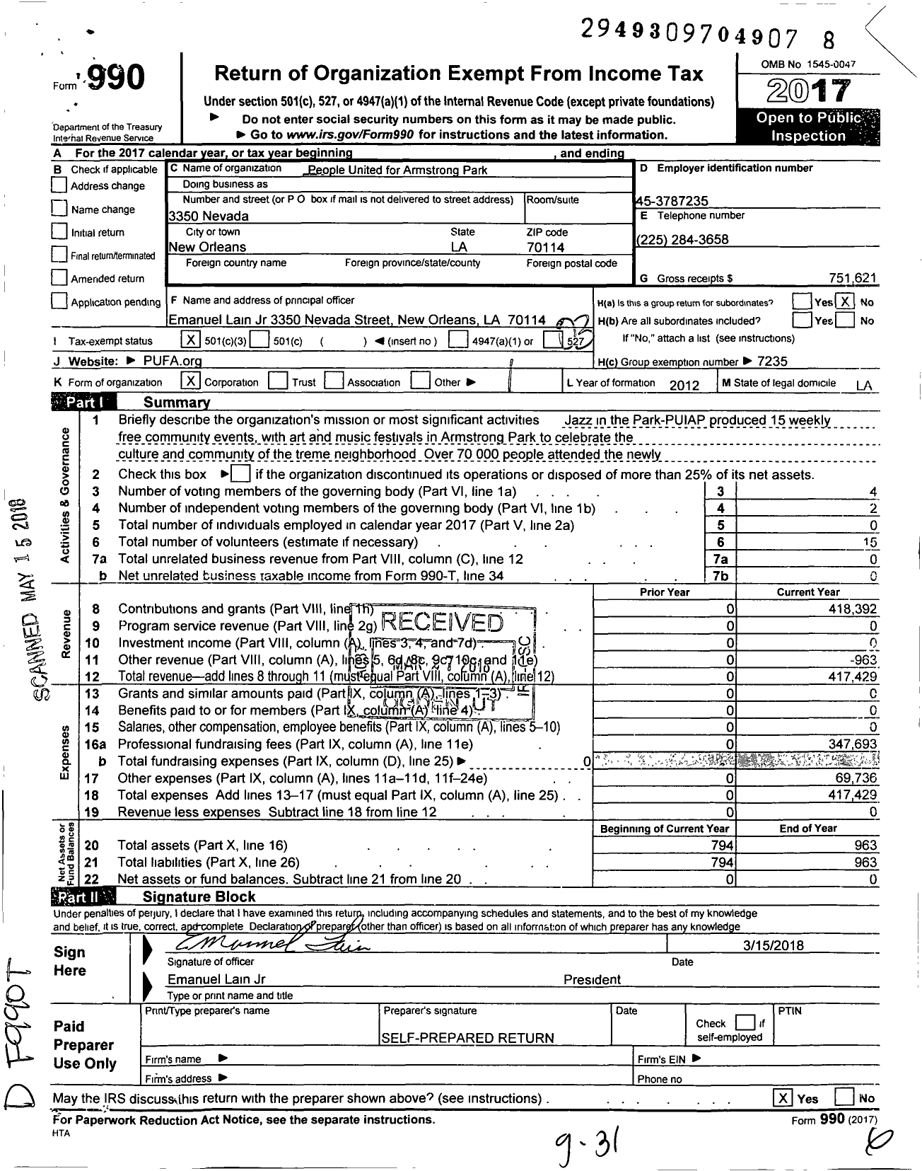 Image of first page of 2017 Form 990 for People United for Armstrong Park (PUFAP)