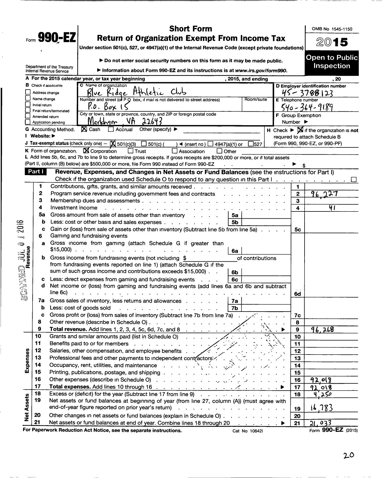 Image of first page of 2015 Form 990EZ for Blue Ridge Athletic Club