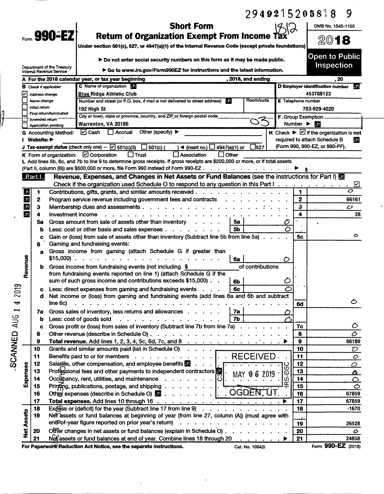 Image of first page of 2018 Form 990EZ for Blue Ridge Athletic Club