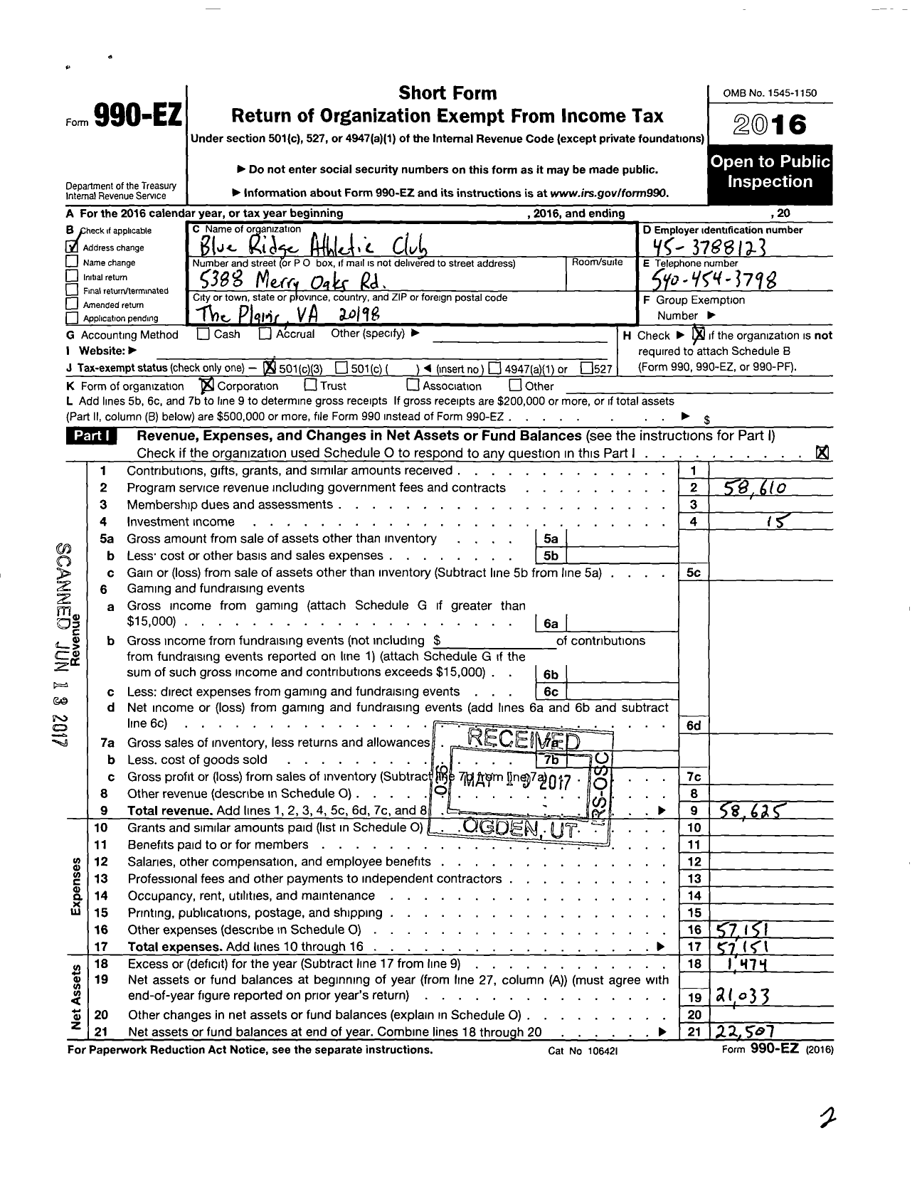 Image of first page of 2016 Form 990EZ for Blue Ridge Athletic Club