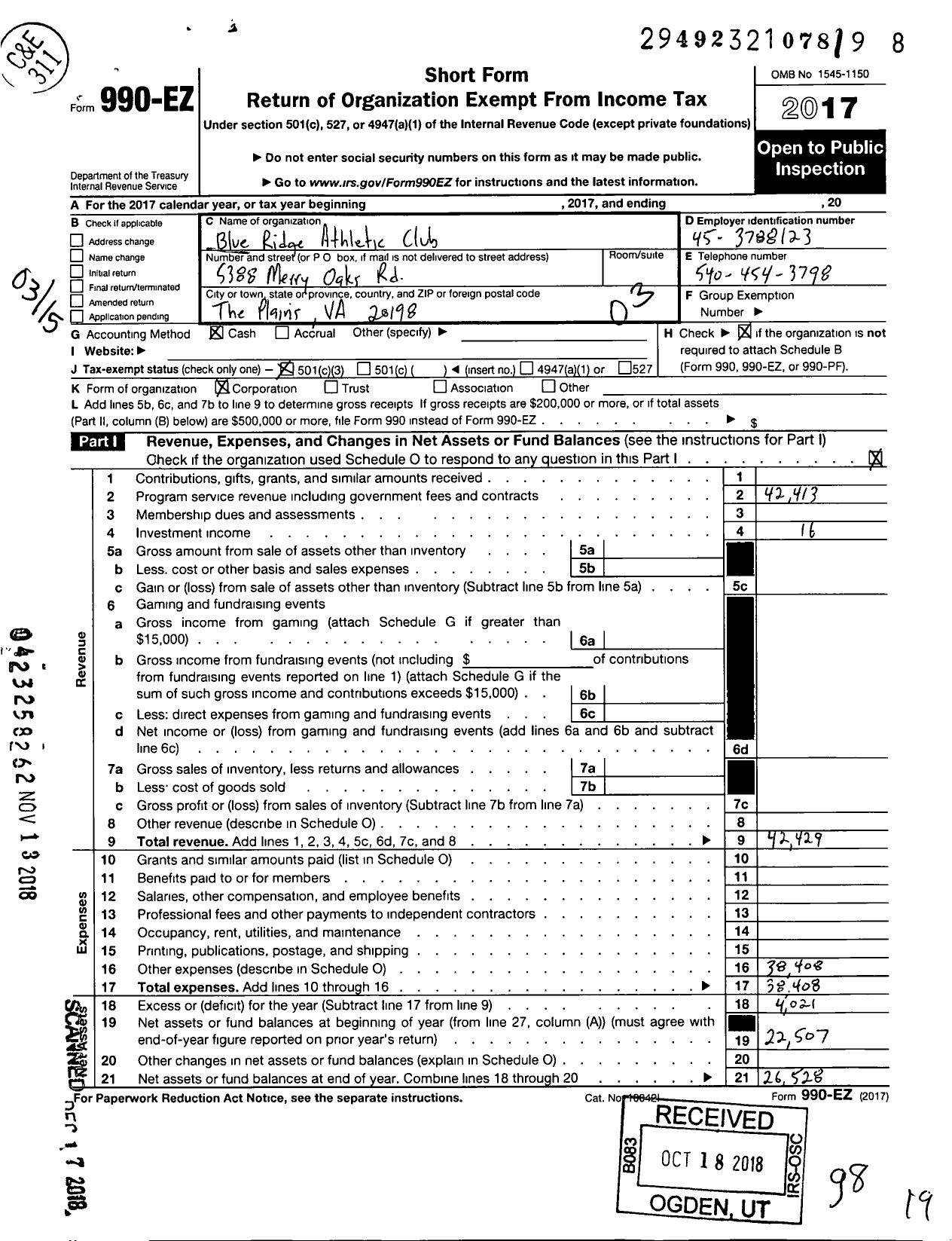 Image of first page of 2017 Form 990EZ for Blue Ridge Athletic Club