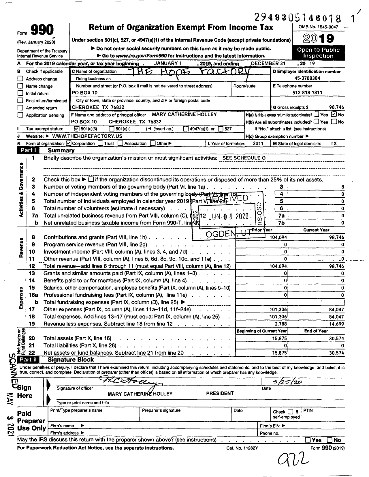 Image of first page of 2019 Form 990 for The Hope Factory