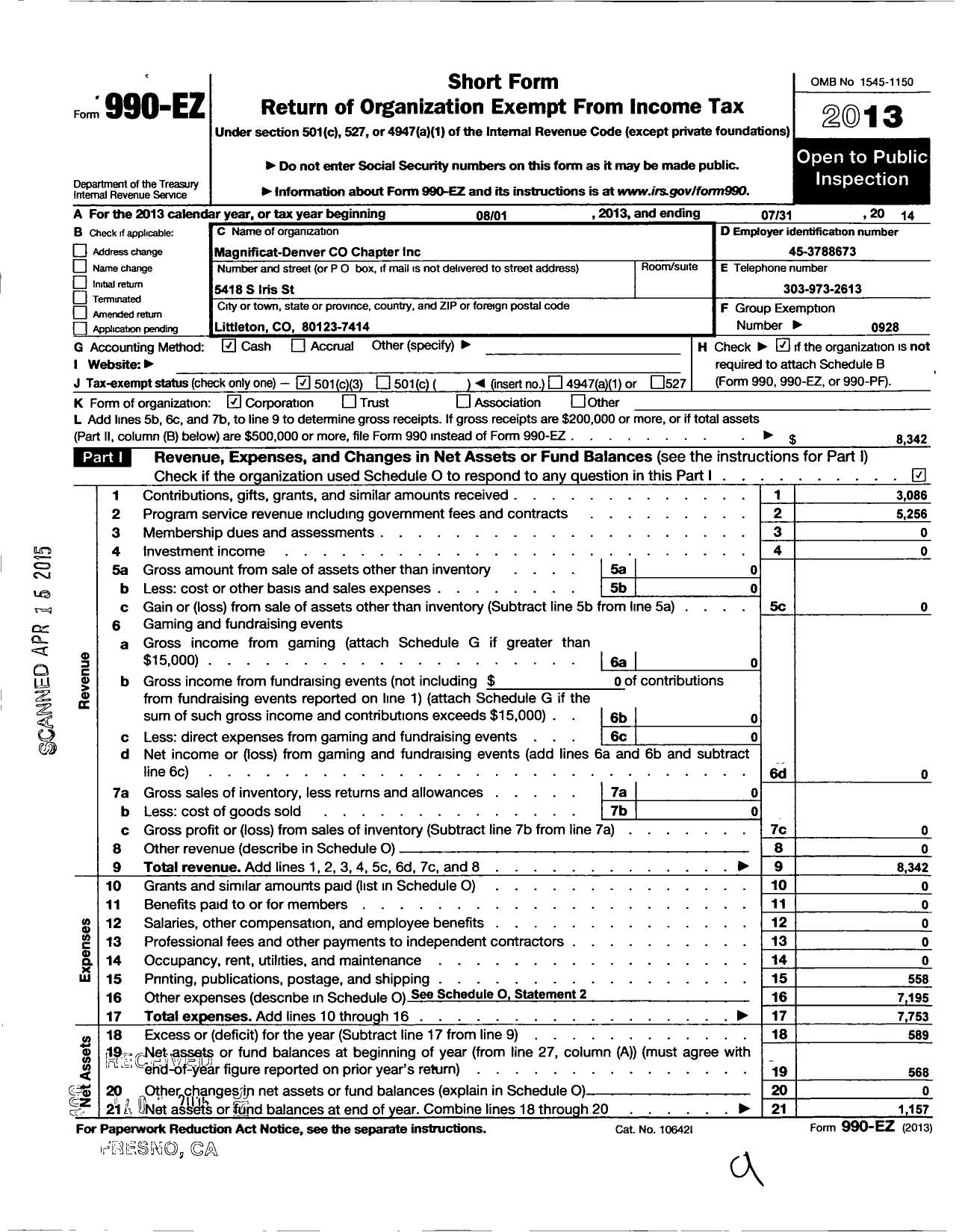 Image of first page of 2013 Form 990EZ for Magnificat-Denver Chapter