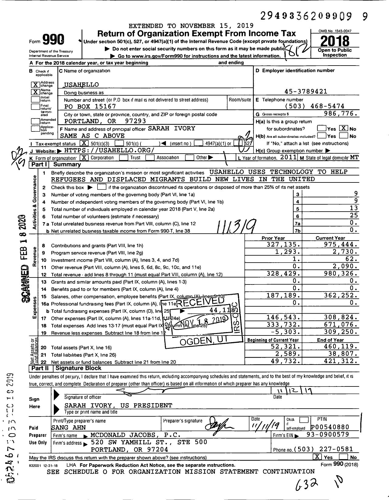 Image of first page of 2018 Form 990 for USAHello