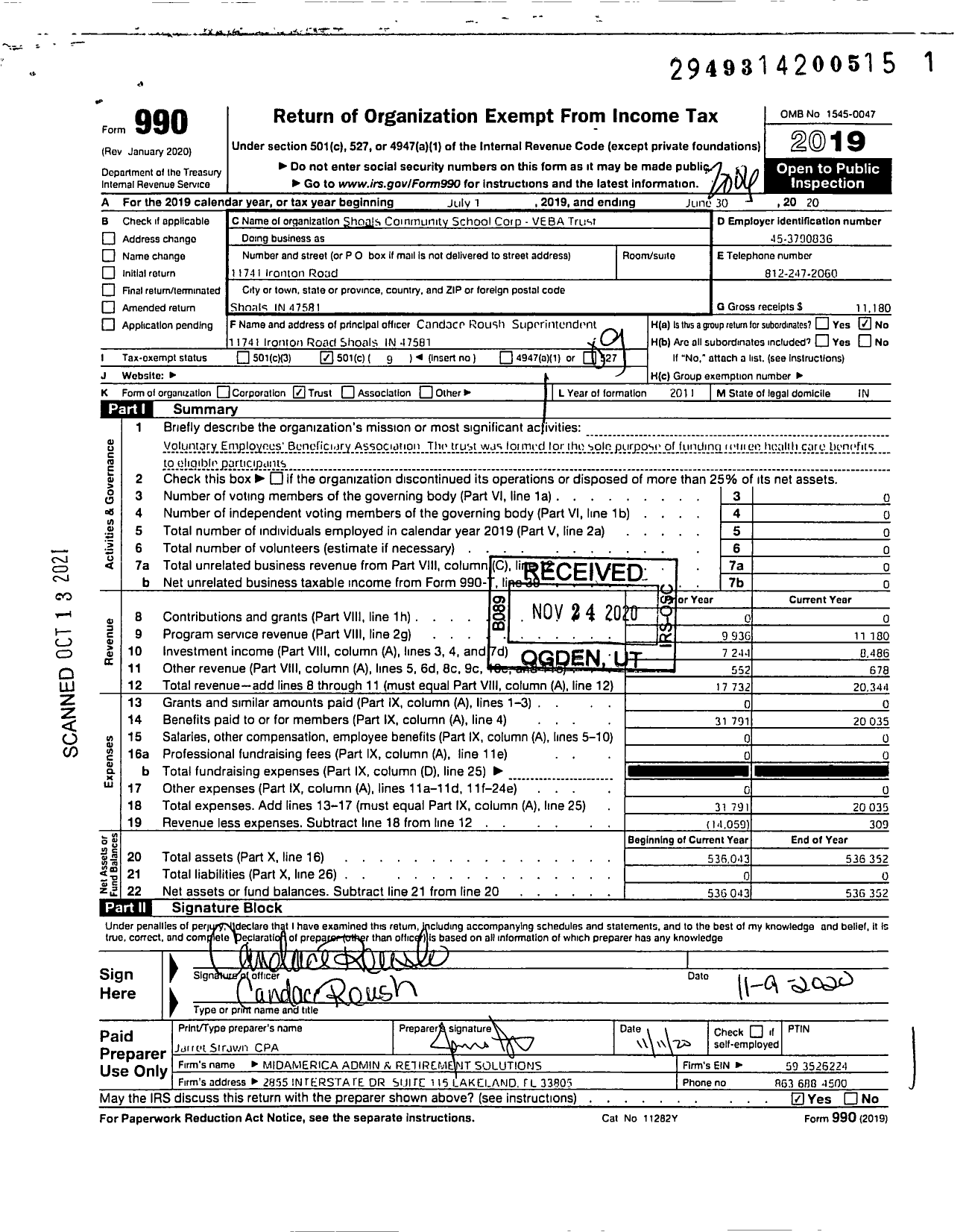 Image of first page of 2019 Form 990O for Shoals Community School Corp Veba Trust