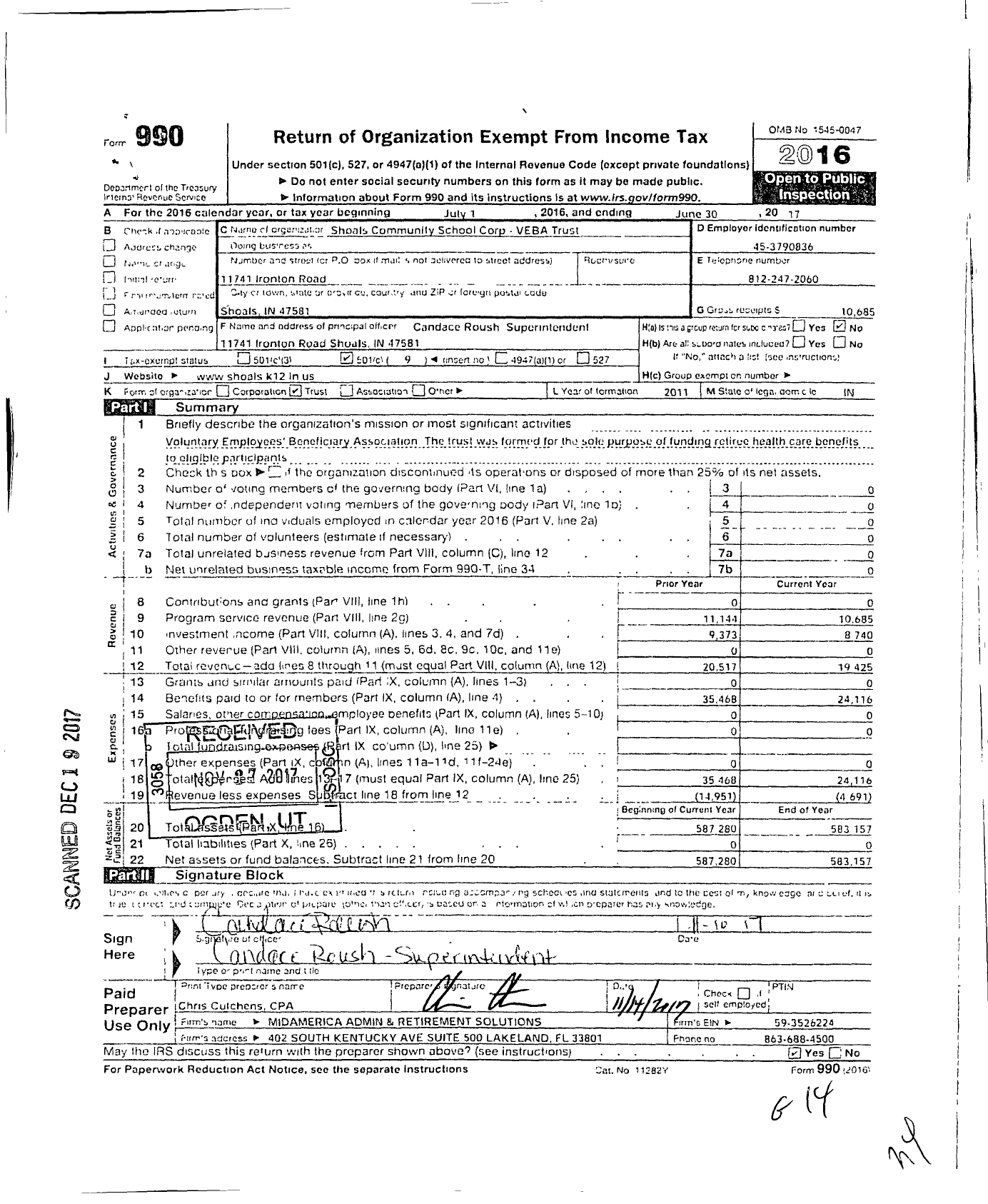 Image of first page of 2016 Form 990O for Shoals Community School Corp Veba Trust