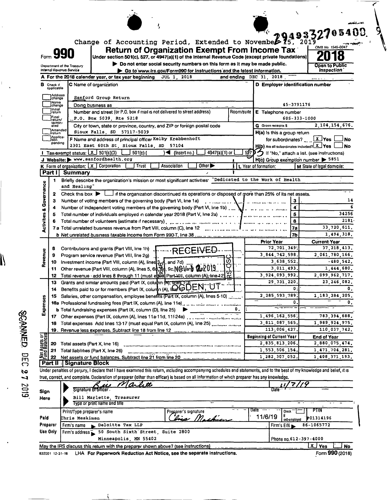 Image of first page of 2018 Form 990 for Sanford Tax Group