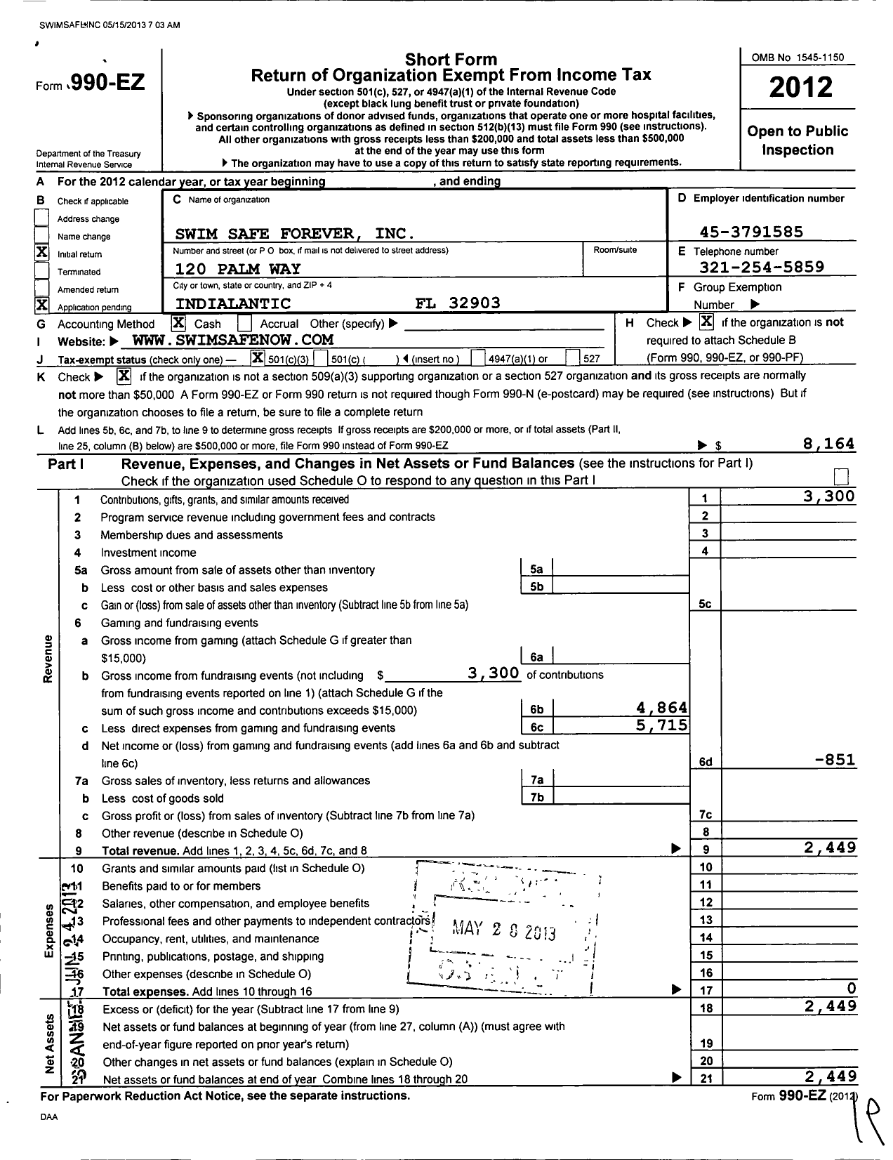 Image of first page of 2012 Form 990EZ for Swim Safe Forever Brevard