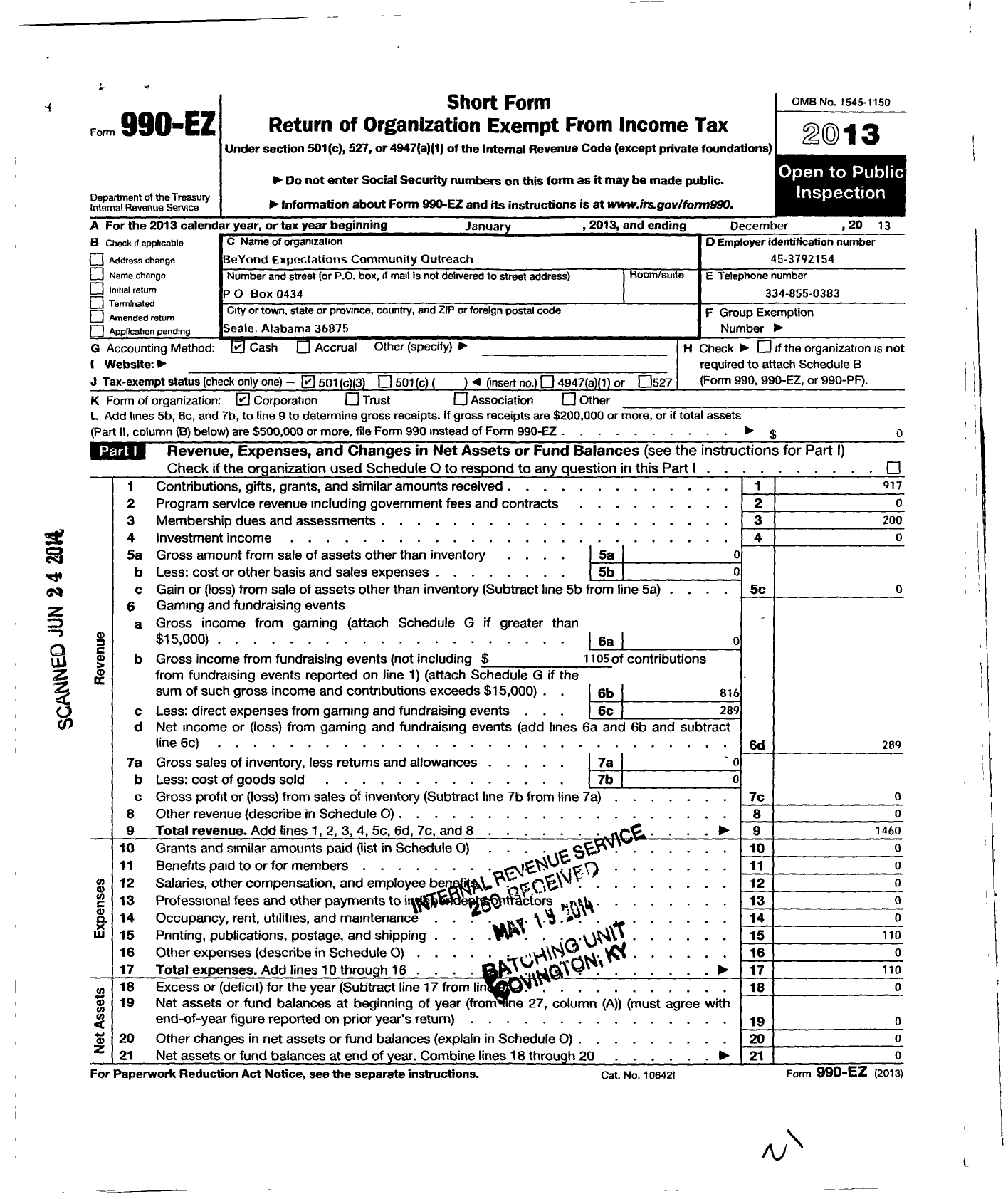 Image of first page of 2013 Form 990EZ for Beyond Expectations Community Outreach