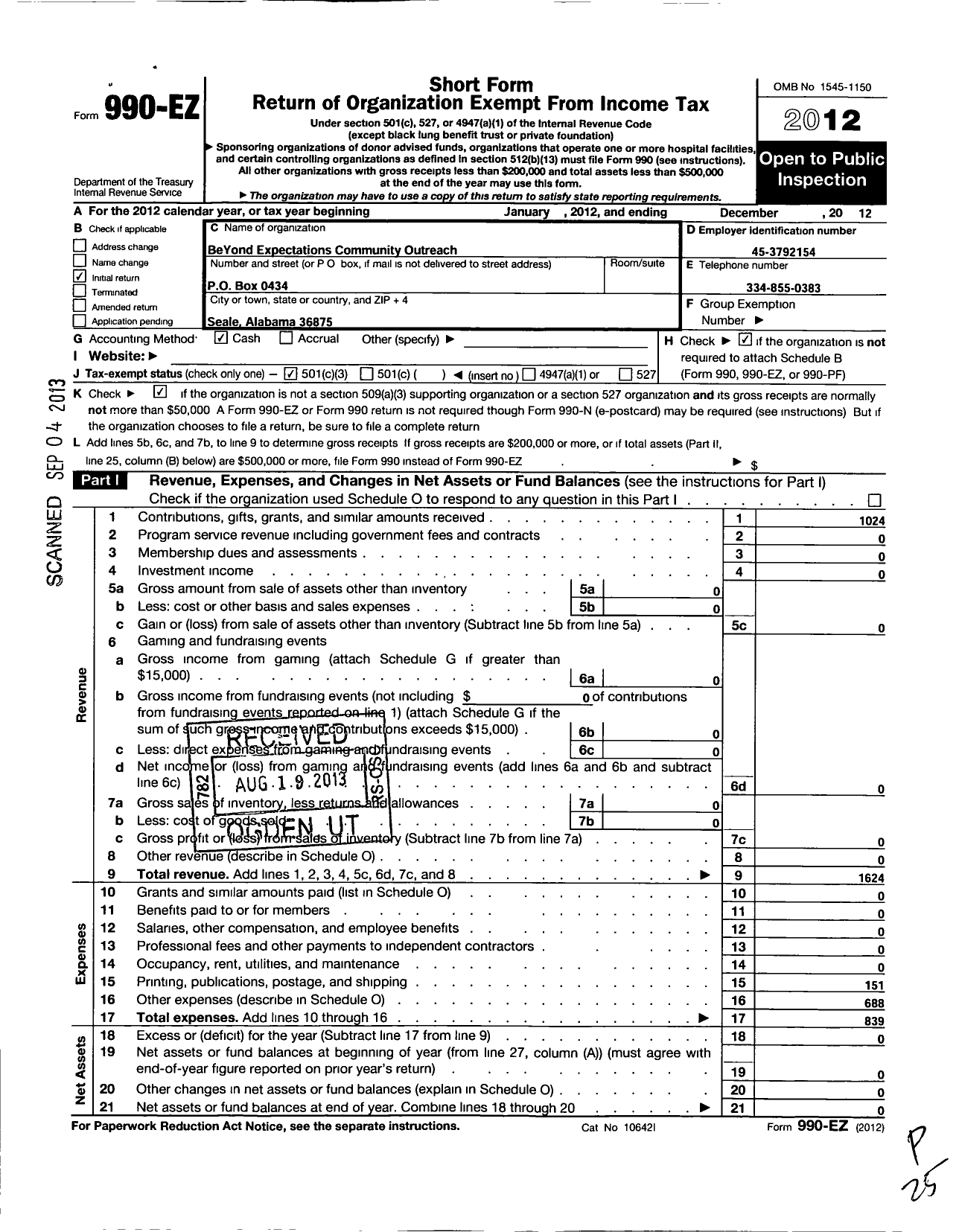 Image of first page of 2012 Form 990EZ for Beyond Expectations Community Outreach