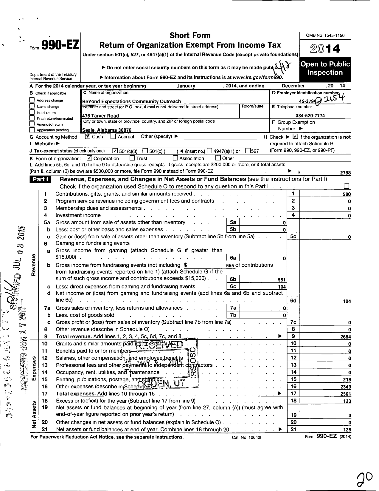 Image of first page of 2014 Form 990EZ for Beyond Expectations Community Outreach