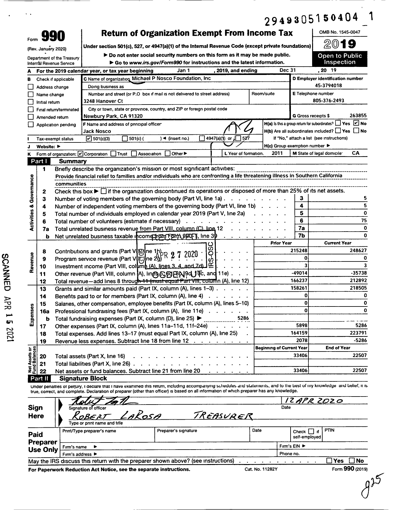 Image of first page of 2019 Form 990 for Michael P Nosco Foundation