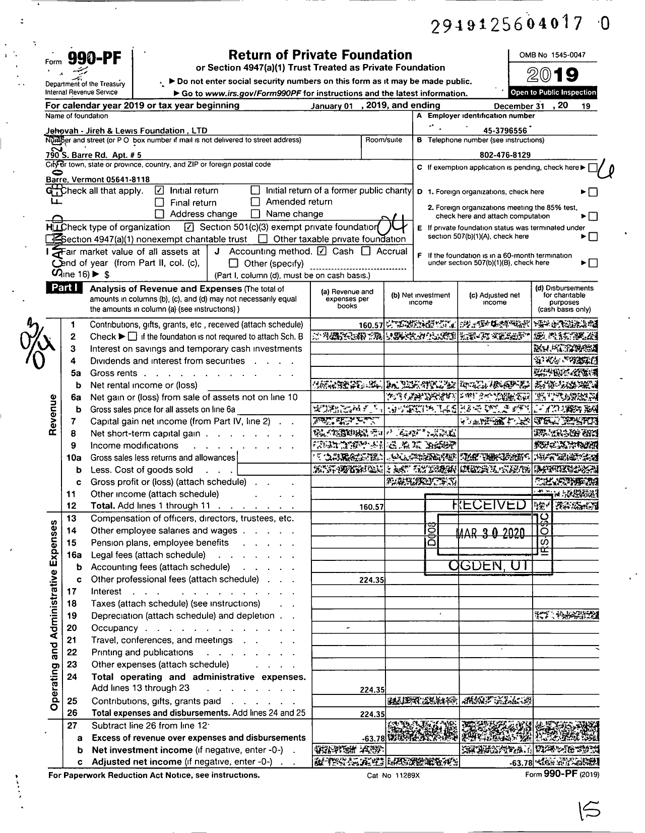 Image of first page of 2019 Form 990PF for Jehovah-Jireh and Lewis Foundation