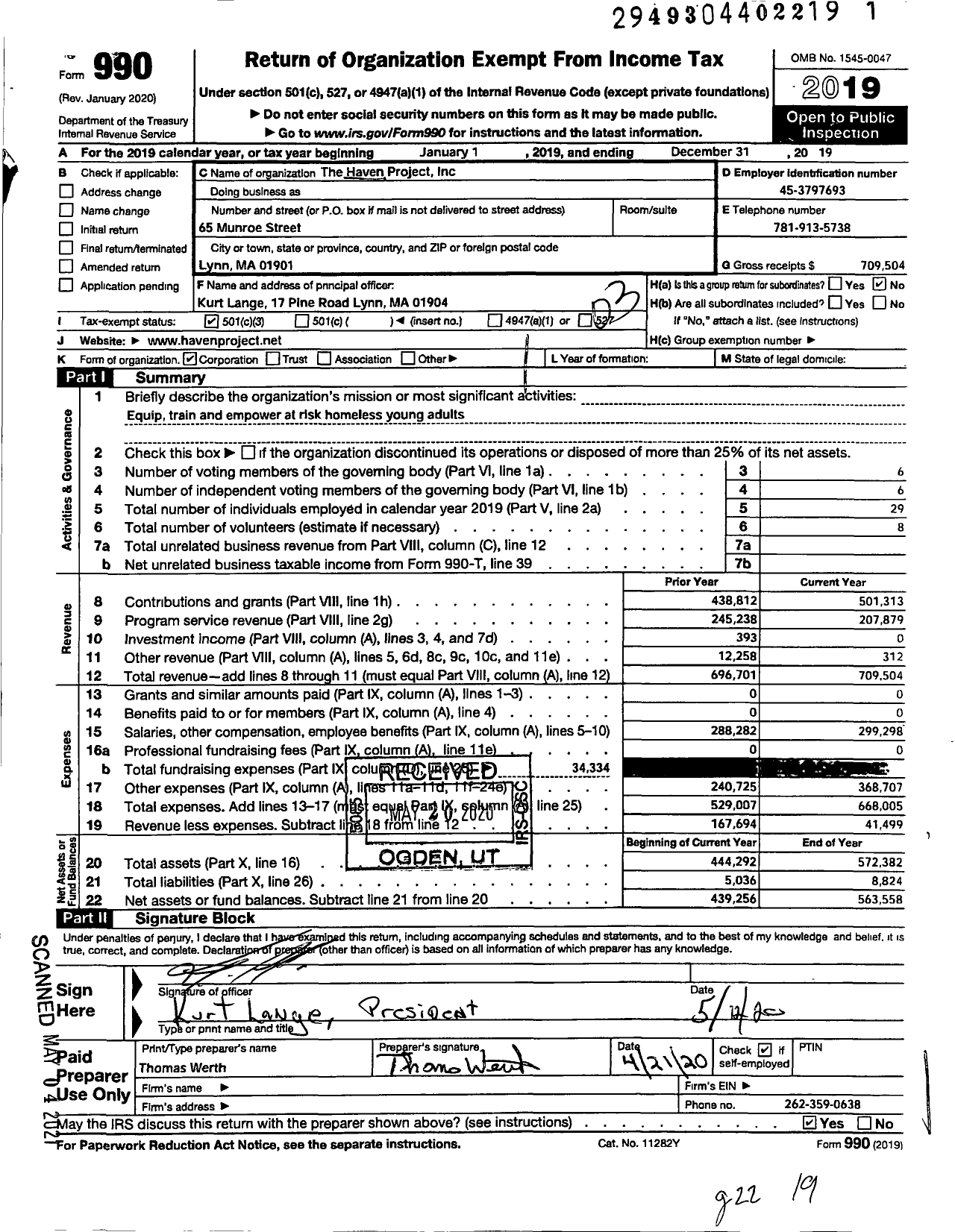 Image of first page of 2019 Form 990 for The Haven Project