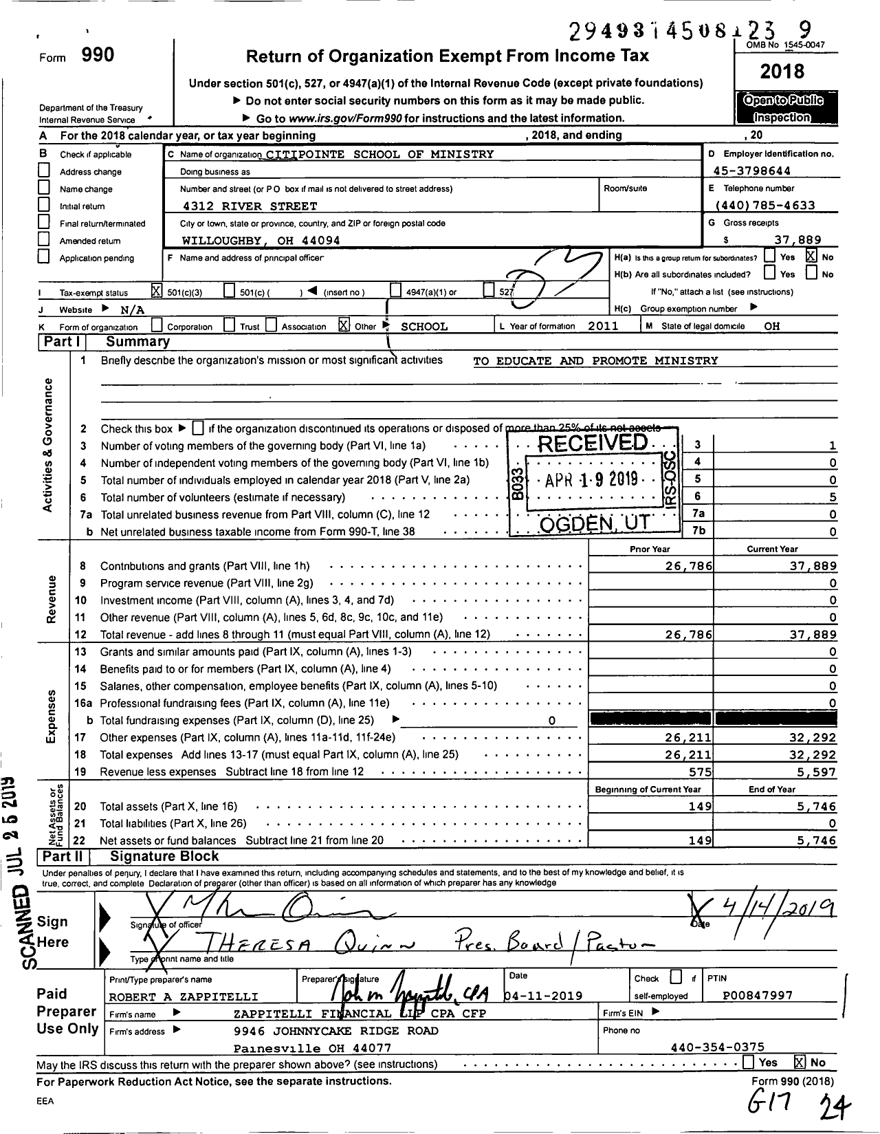 Image of first page of 2018 Form 990 for Citipointe School of Ministry