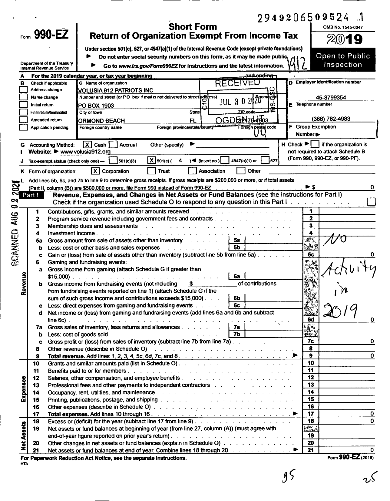 Image of first page of 2019 Form 990EO for Volusia 912 Patriots