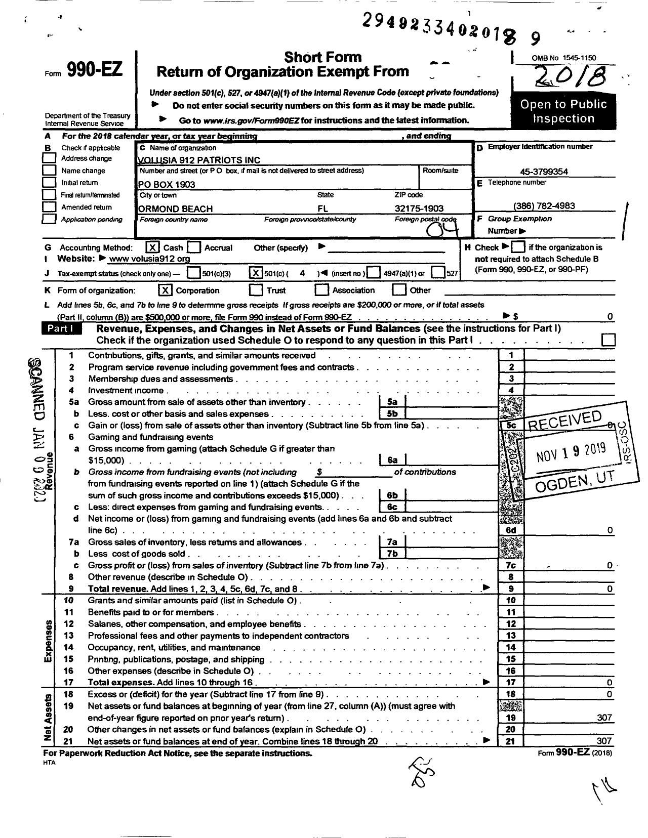 Image of first page of 2018 Form 990EO for Volusia 912 Patriots