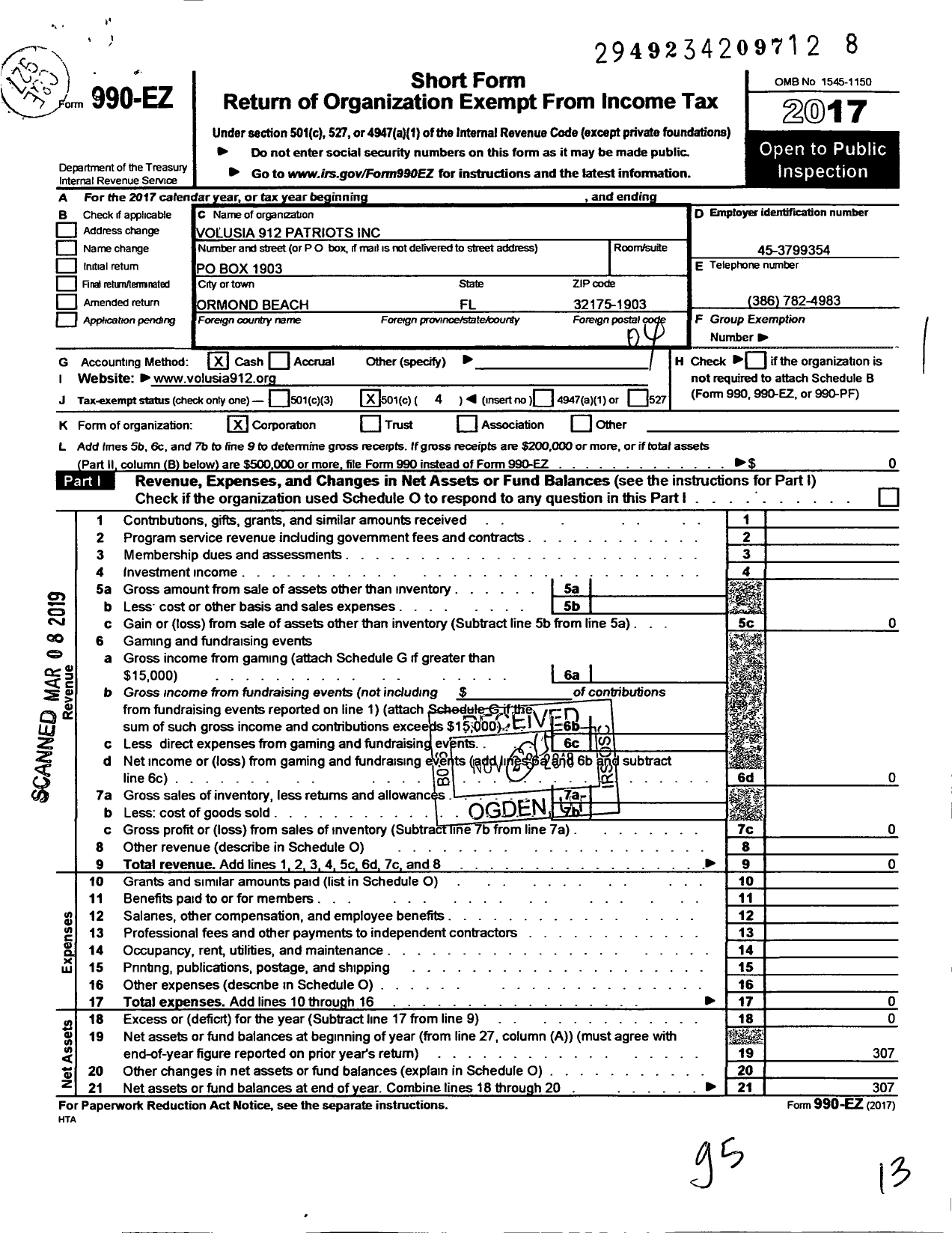 Image of first page of 2017 Form 990EO for Volusia 912 Patriots