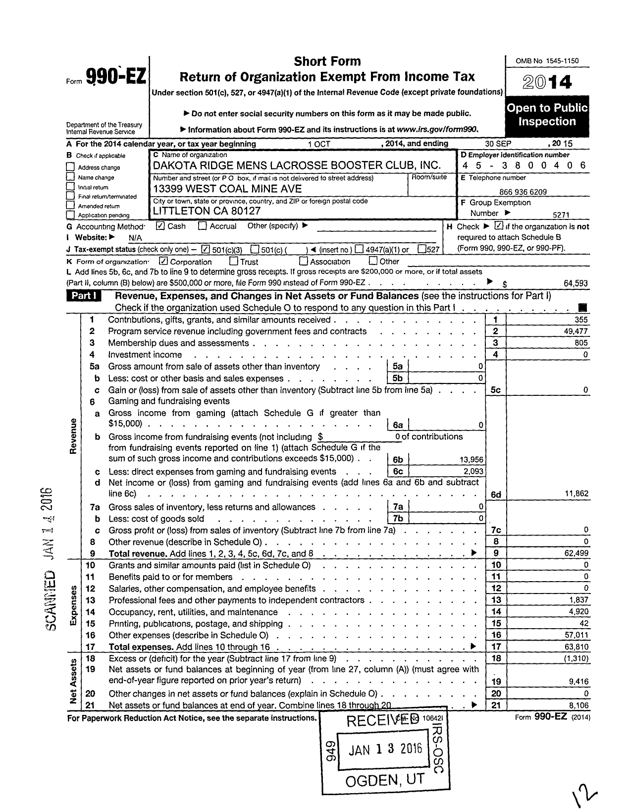 Image of first page of 2014 Form 990EZ for Dakota Ridge Mens Lacrosse Booster Club