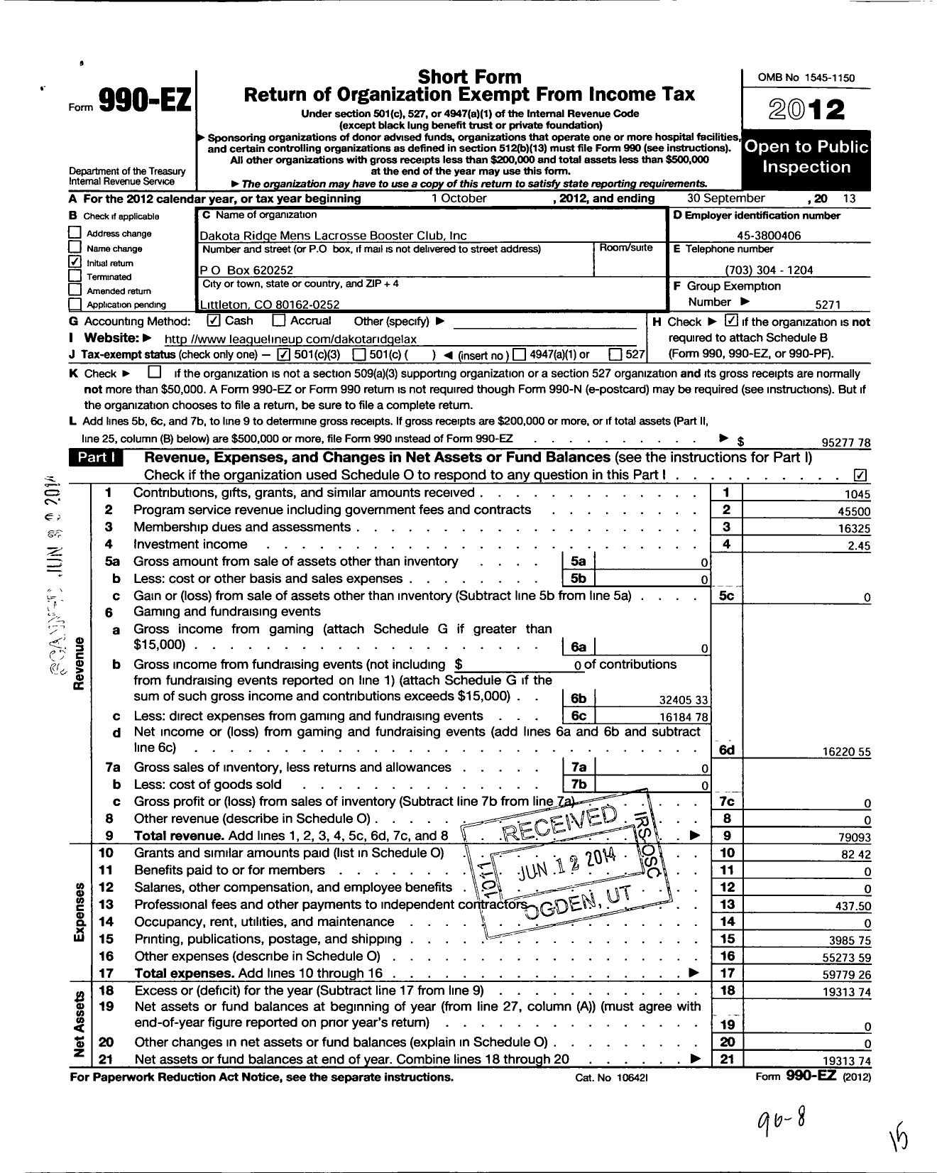 Image of first page of 2012 Form 990EZ for Dakota Ridge Mens Lacrosse Booster Club