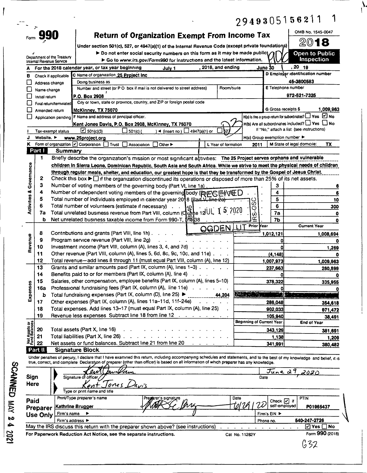 Image of first page of 2018 Form 990 for 25 Project