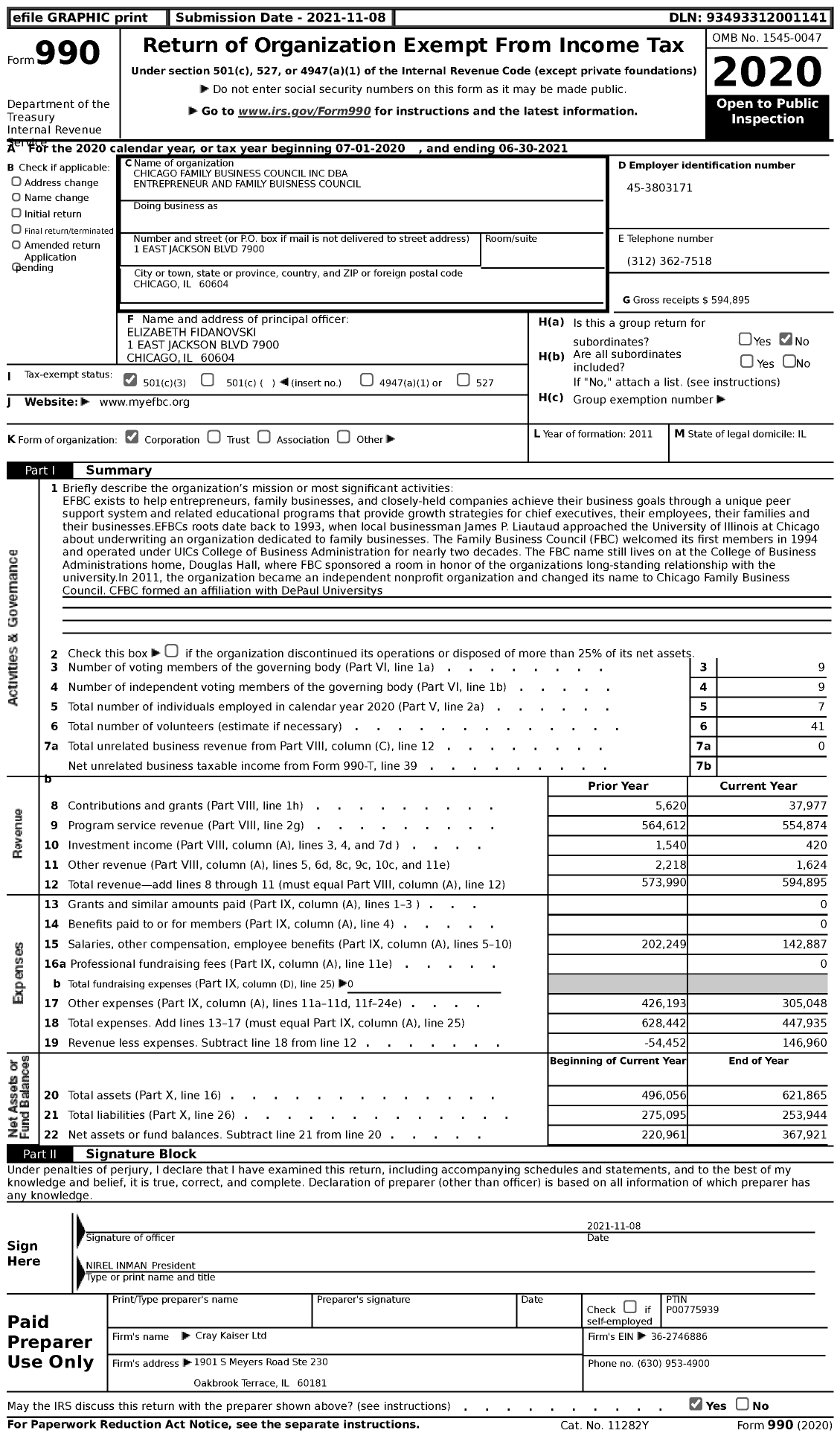 Image of first page of 2020 Form 990 for Entrepreneur and Family Buisness Council