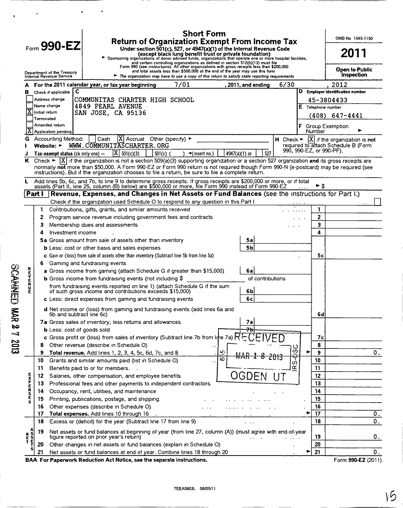 Image of first page of 2011 Form 990EZ for Communitas Charter High School