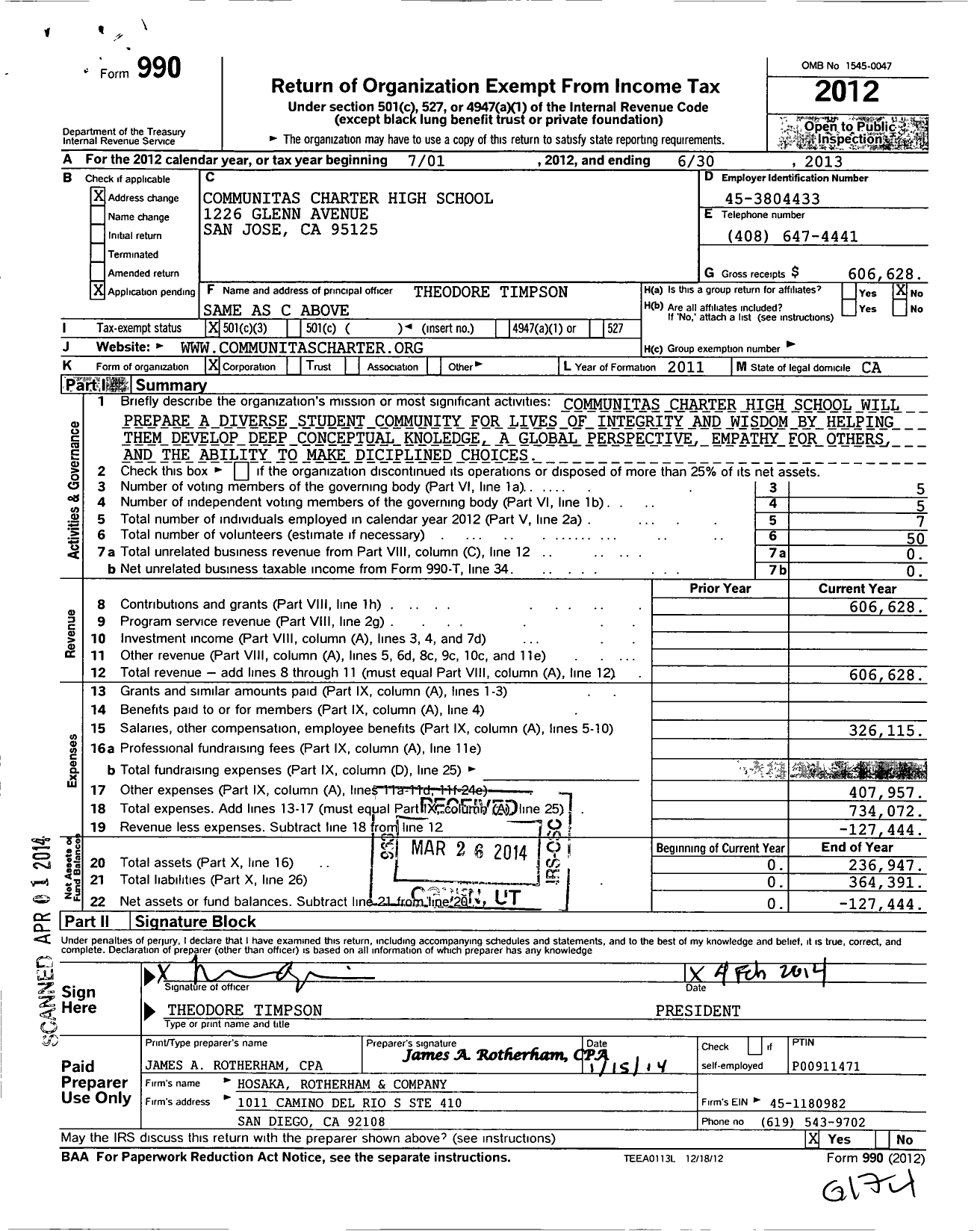 Image of first page of 2012 Form 990 for Communitas Charter High School