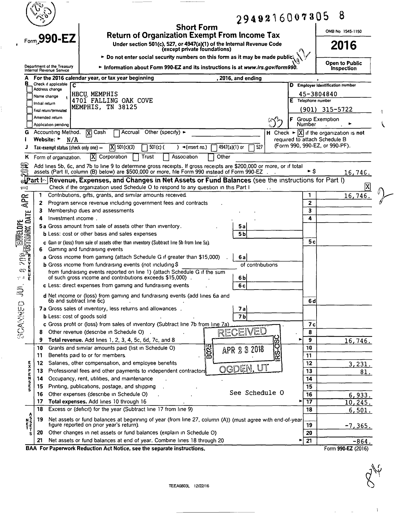 Image of first page of 2016 Form 990EZ for Hbcu Memphis