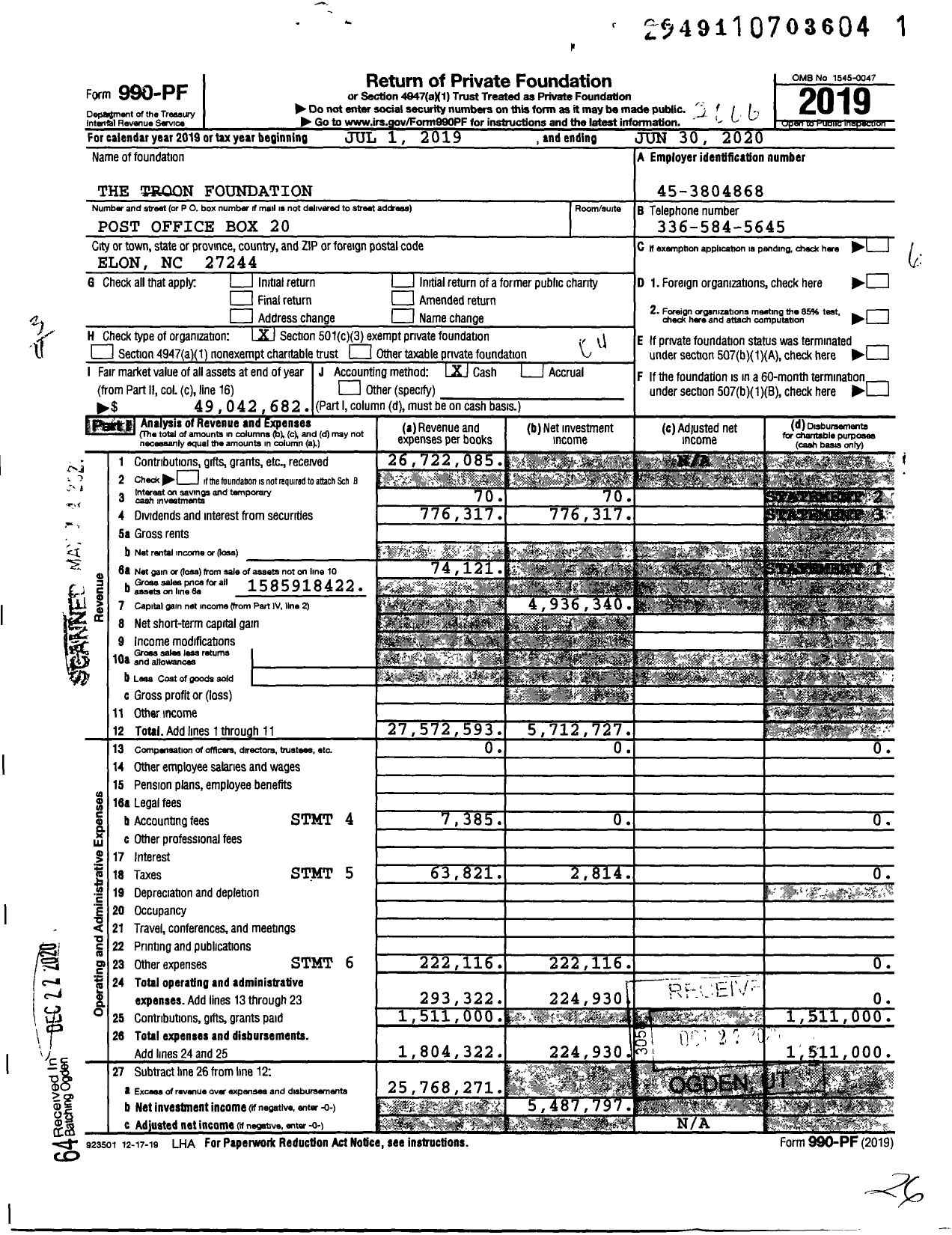 Image of first page of 2019 Form 990PF for The Troon Foundation