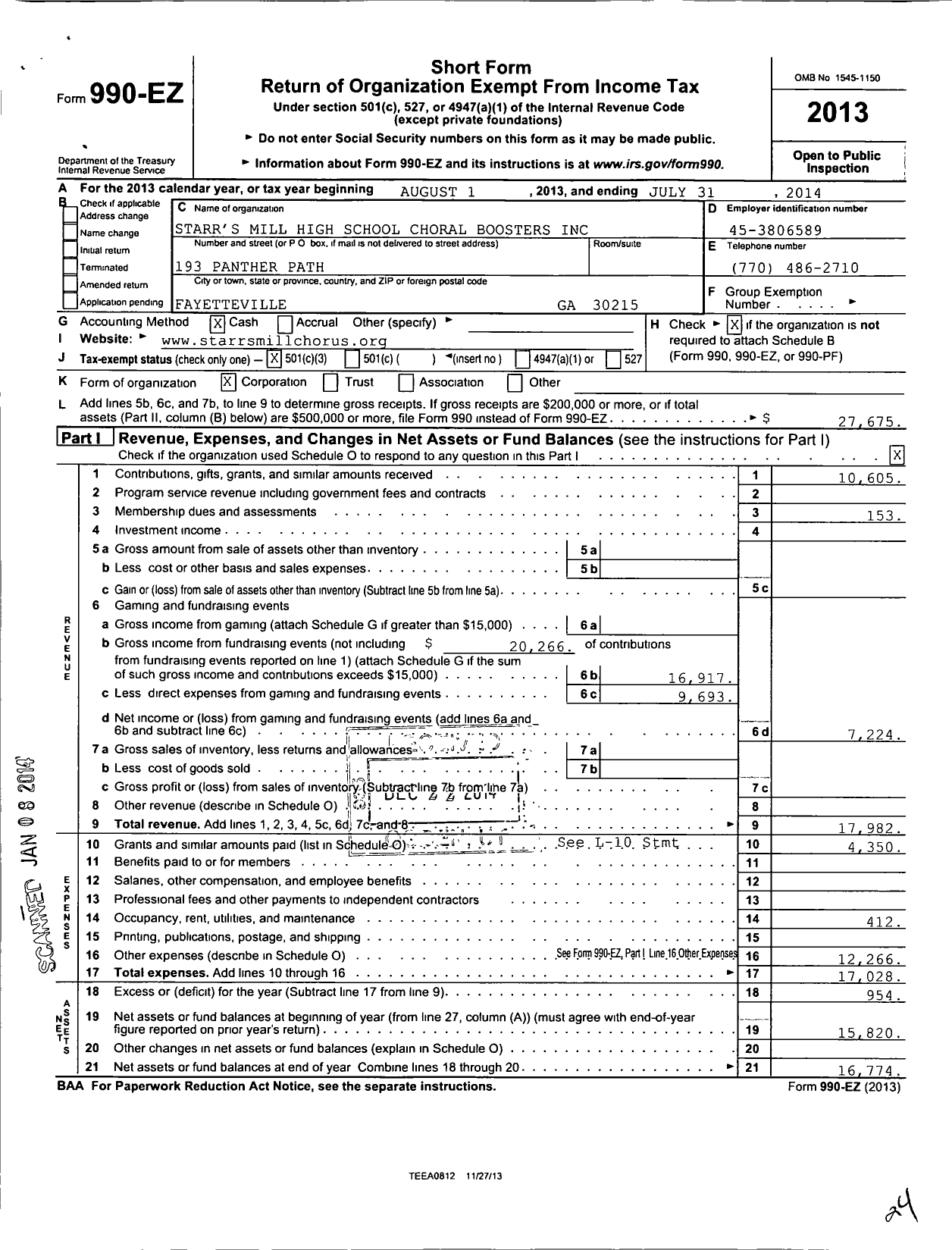 Image of first page of 2013 Form 990EZ for Starrs Mill High School Choral Boosters