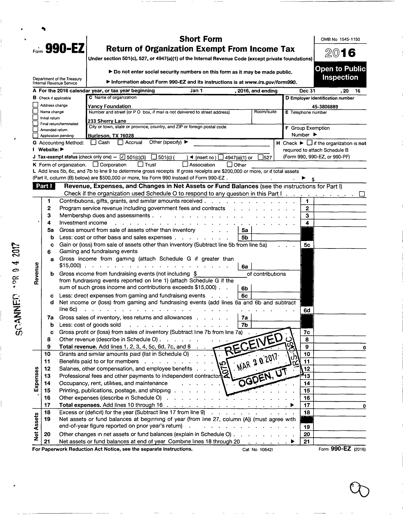 Image of first page of 2016 Form 990EZ for Yancy Foundation