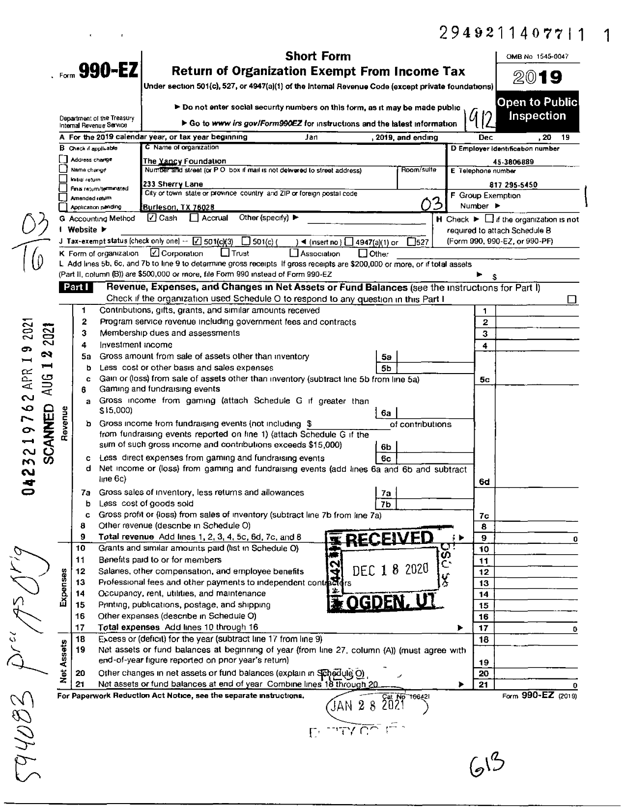 Image of first page of 2019 Form 990EZ for Yancy Foundation