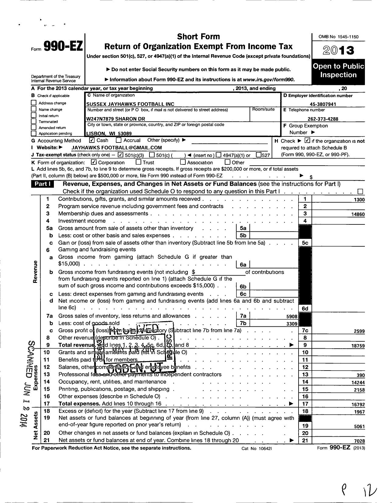 Image of first page of 2013 Form 990EZ for Sussex Jayhawks Football