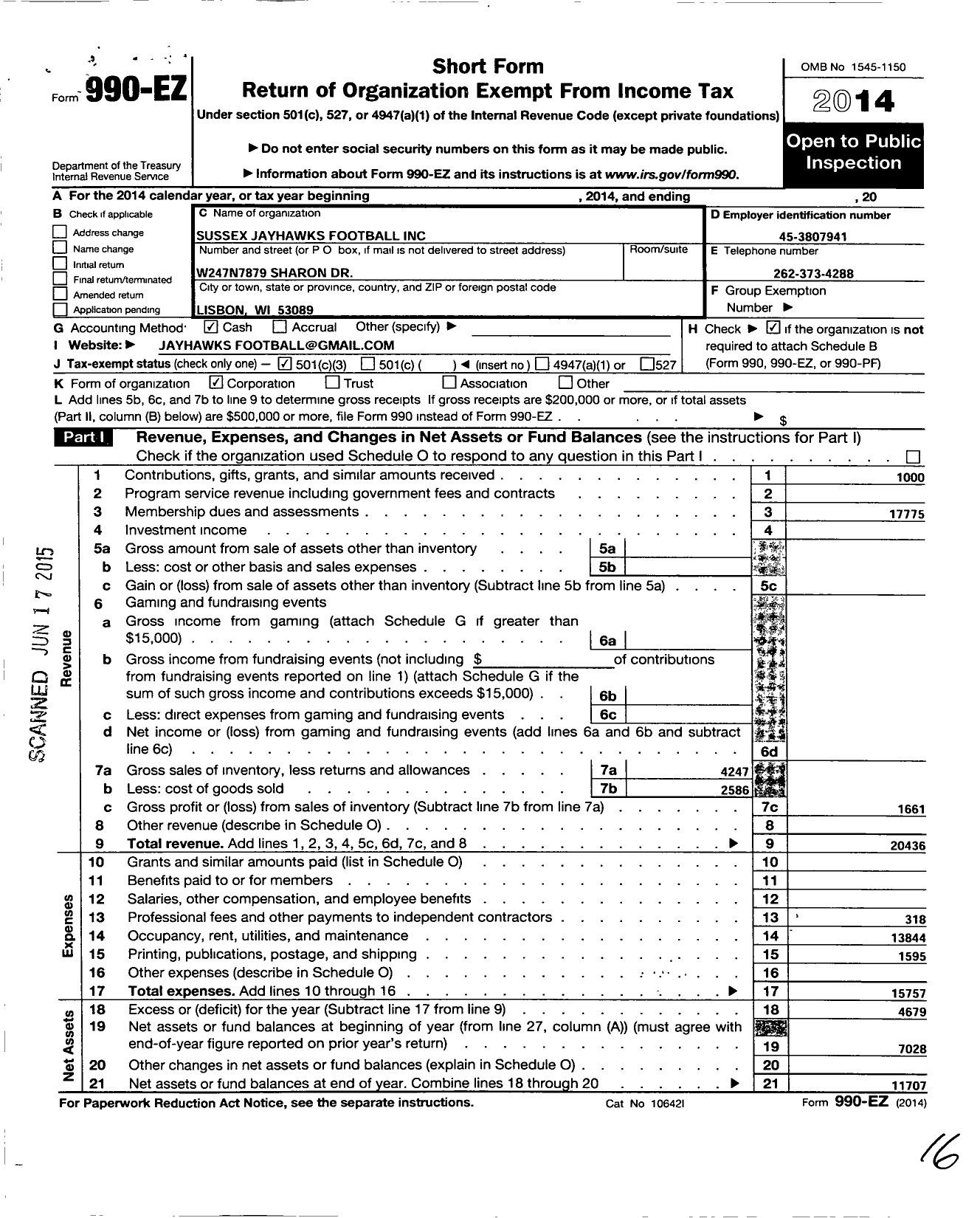 Image of first page of 2014 Form 990EZ for Sussex Jayhawks Football